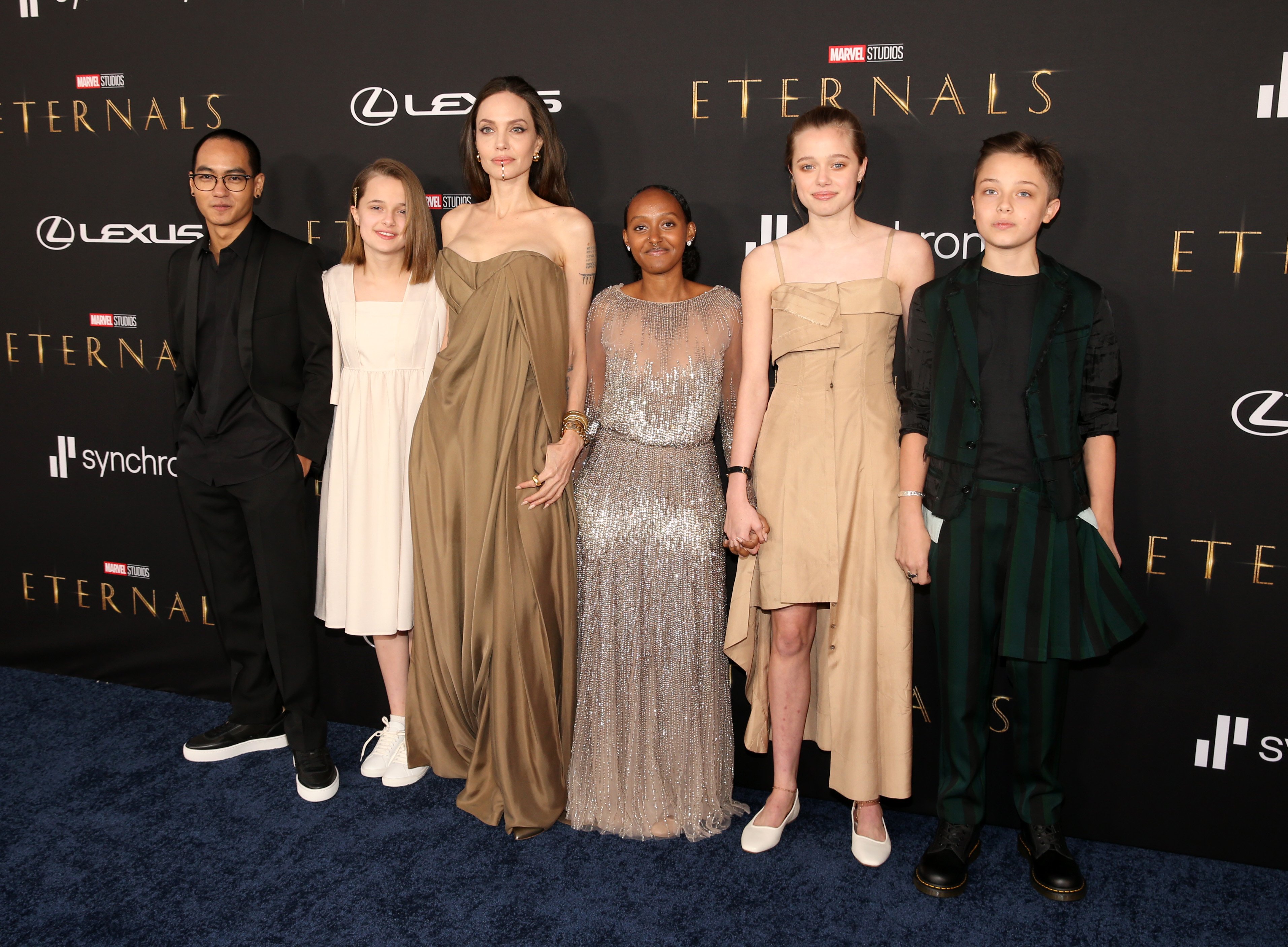 Maddox and Vivienne Jolie-Pitt, Angelina Jolie, Zahara Jolie-Pitt, Shiloh Jolie, and Knox Jolie Pitt at the premiere of "Eternals" on October 18, 2021, in Hollywood, California | Source: Getty Images