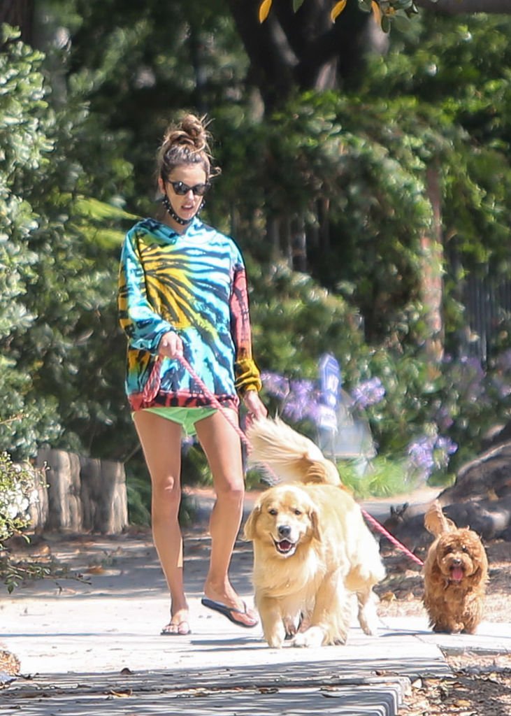 Alessandra Ambrosio paseando sus perros en chancletas en Los Ángeles, 2020. | Foto: Getty Images