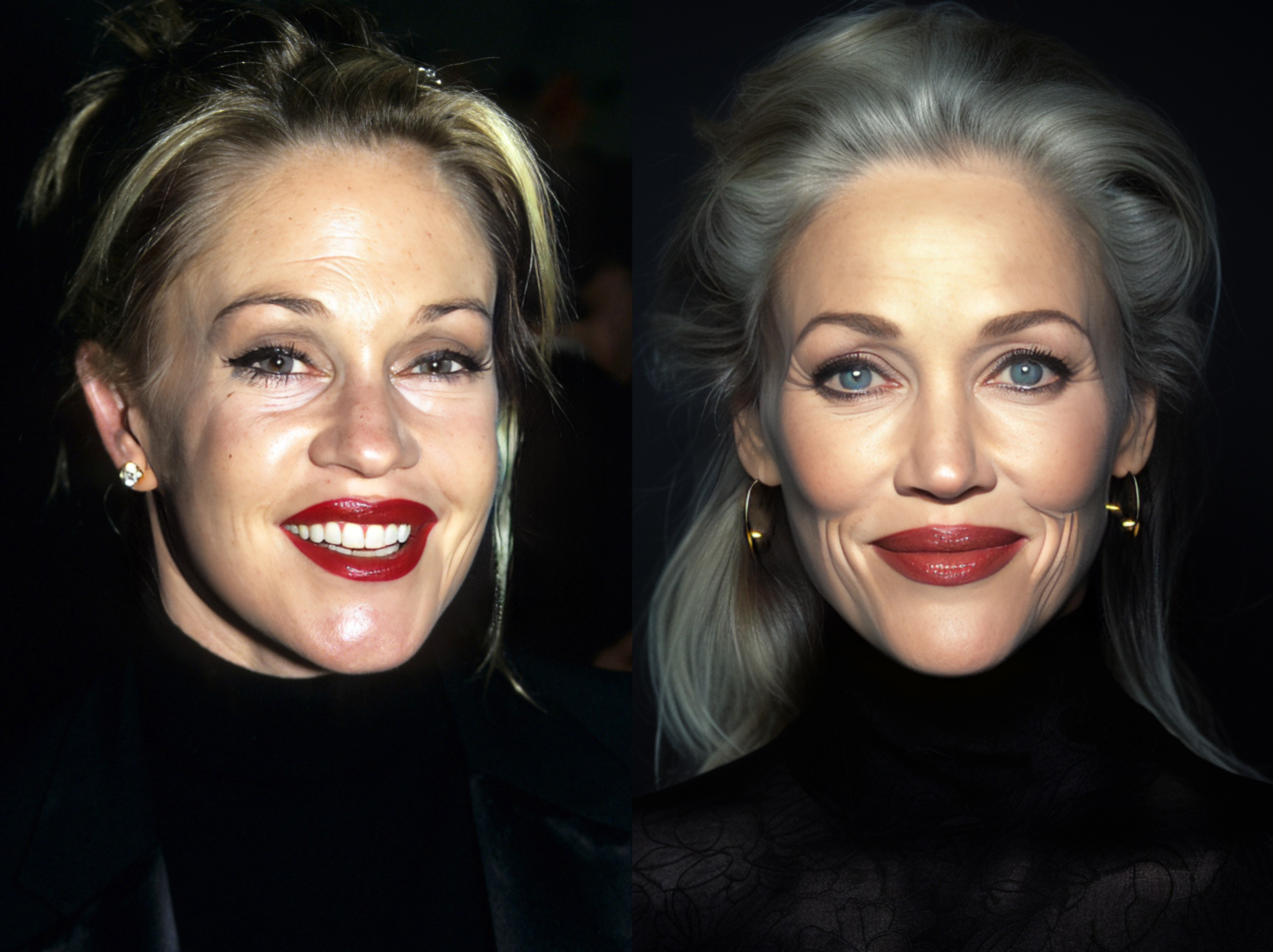 A younger Melanie Griffith before plastic surgery vs an AI depiction of how she might have looked like today with gray hair, without plastic surgery | Source: Getty Images | Midjourney AI