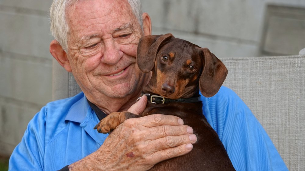 A smiling senior man holding his cute little dog. | Photo: Shutterstock