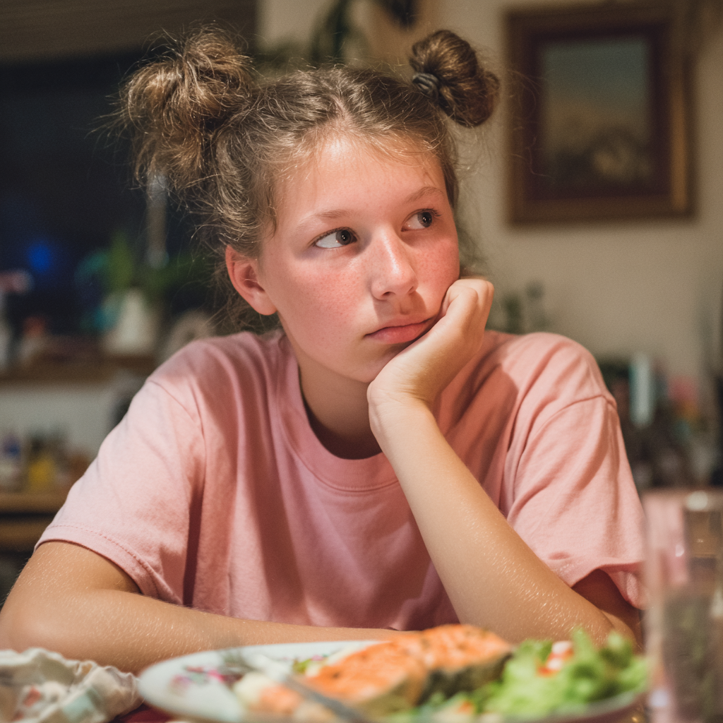 A girl sitting at a dinner table | Source: Midjourney