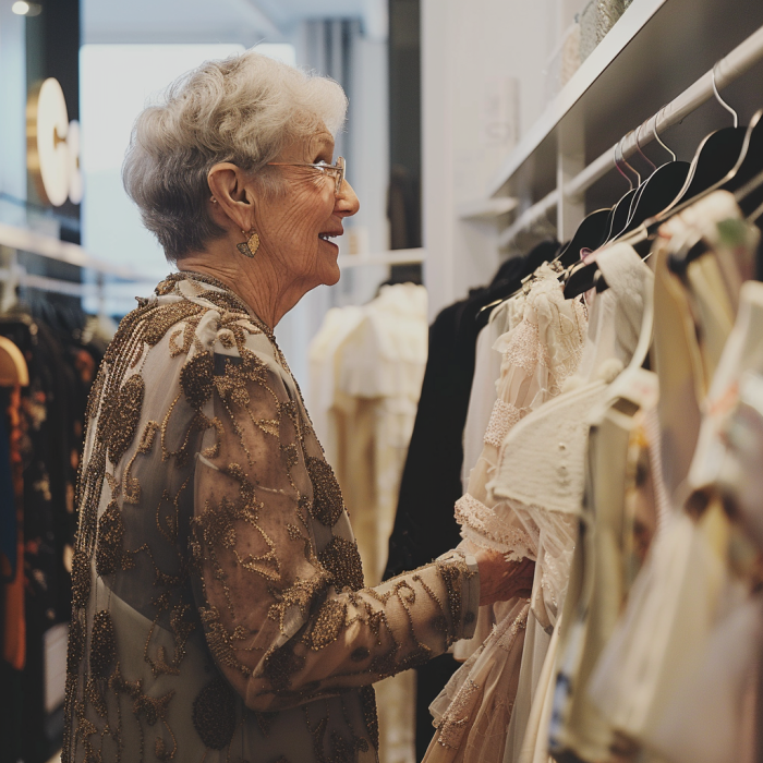 An elderly woman checking dresses in a boutique | Source: Midjourney