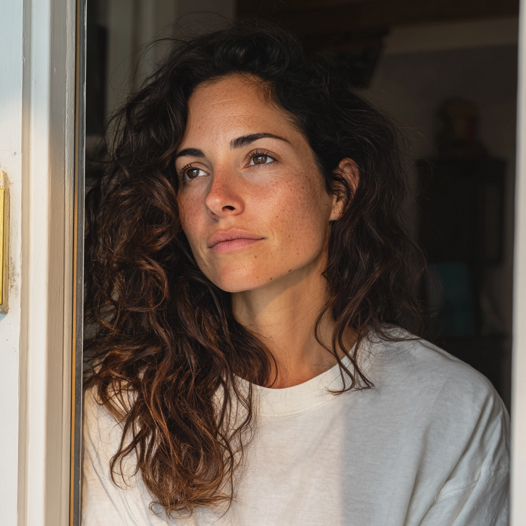 A woman standing at a front door | Source: Midjourney