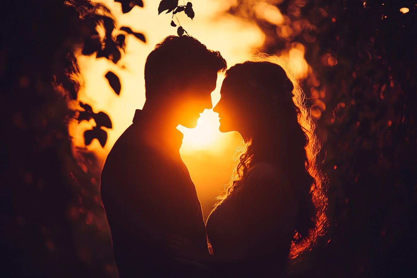 Silhouette of a couple against the backdrop of the sunset | Source: Midjourney