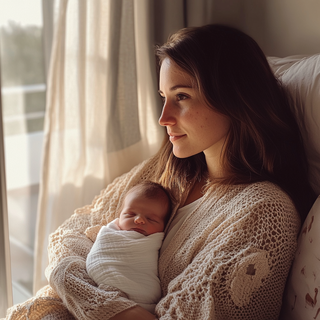 Woman holding a newborn baby | Source: Midjourney