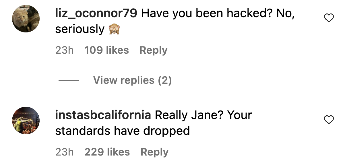 Screenshot of comments on Jane Fonda's Instagram post. | Source: Instagram/JaneFonda