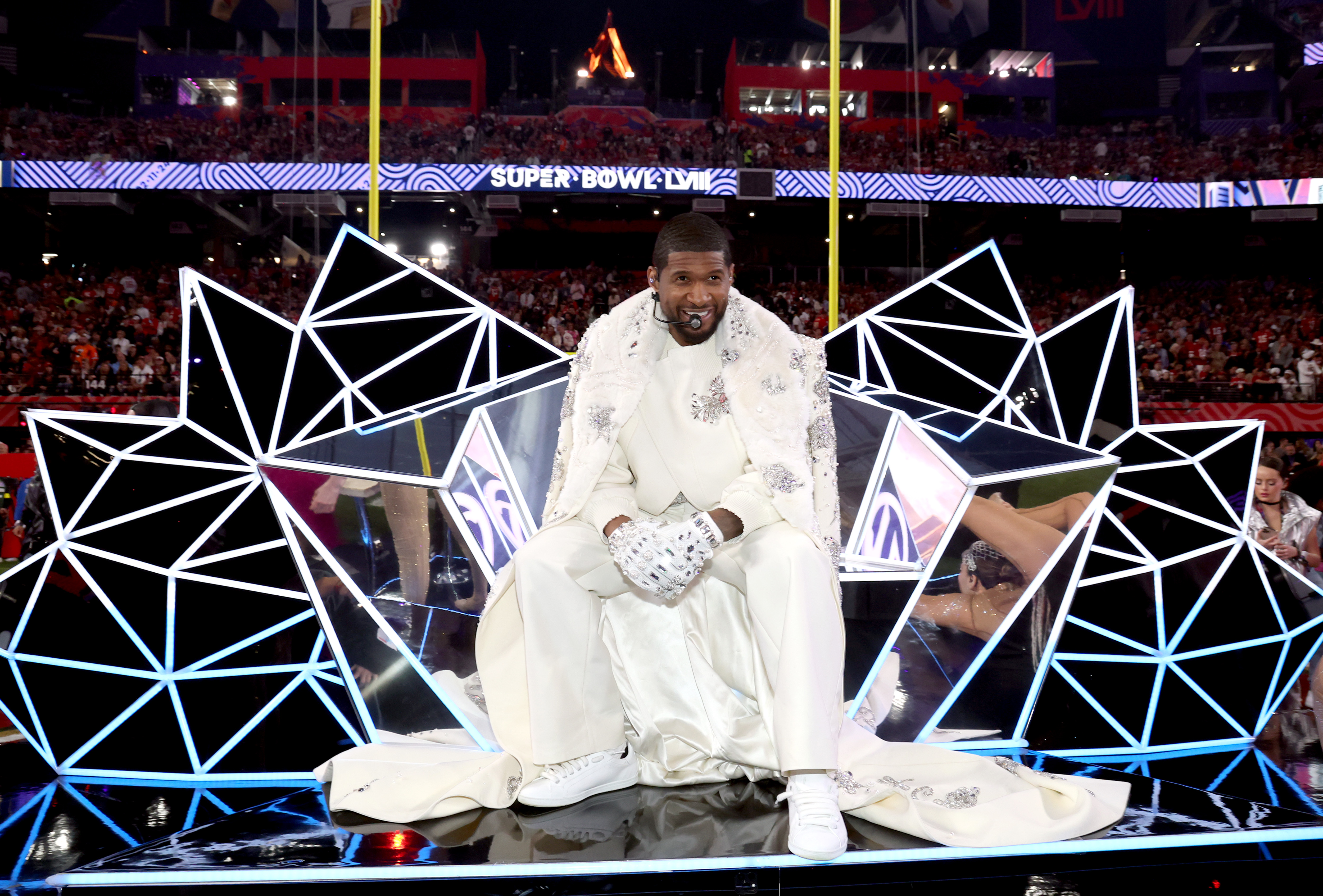 Usher performs onstage during the Apple Music Super Bowl LVIII Halftime Show on February 11, 2024, in Las Vegas, Nevada. | Source: Getty Images