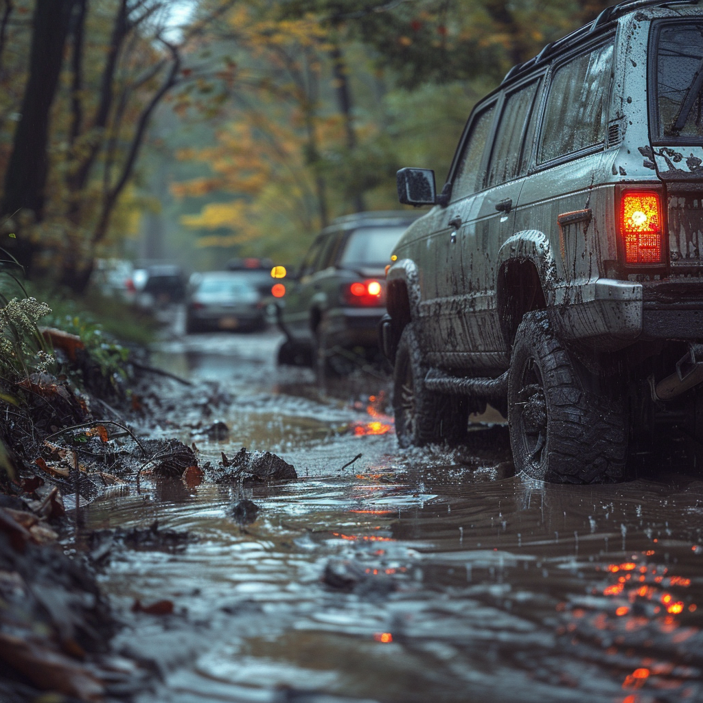 Vehicles stuck in mud | Source: Midjourney