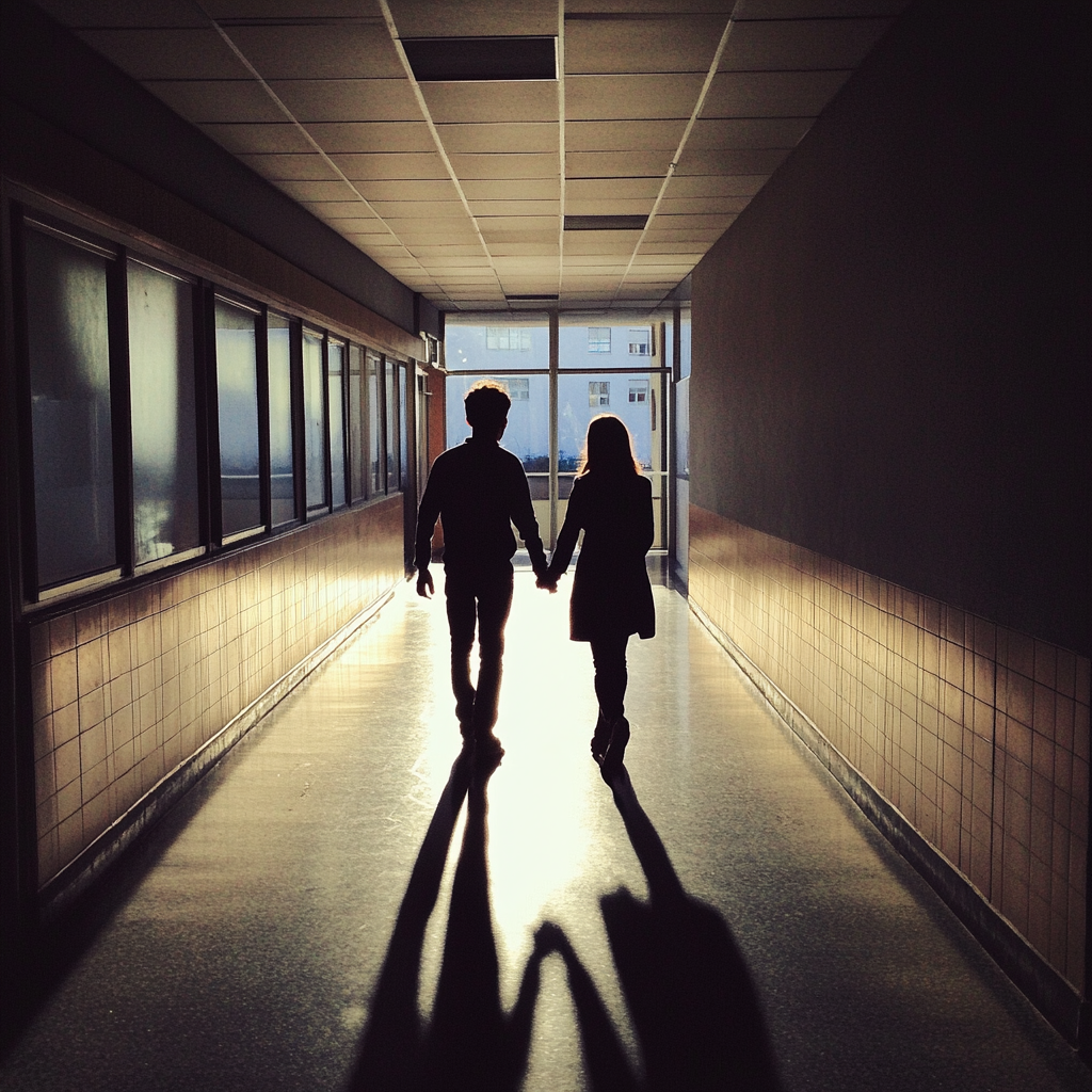 Teenagers holding hands in a school hallway | Source: Midjourney