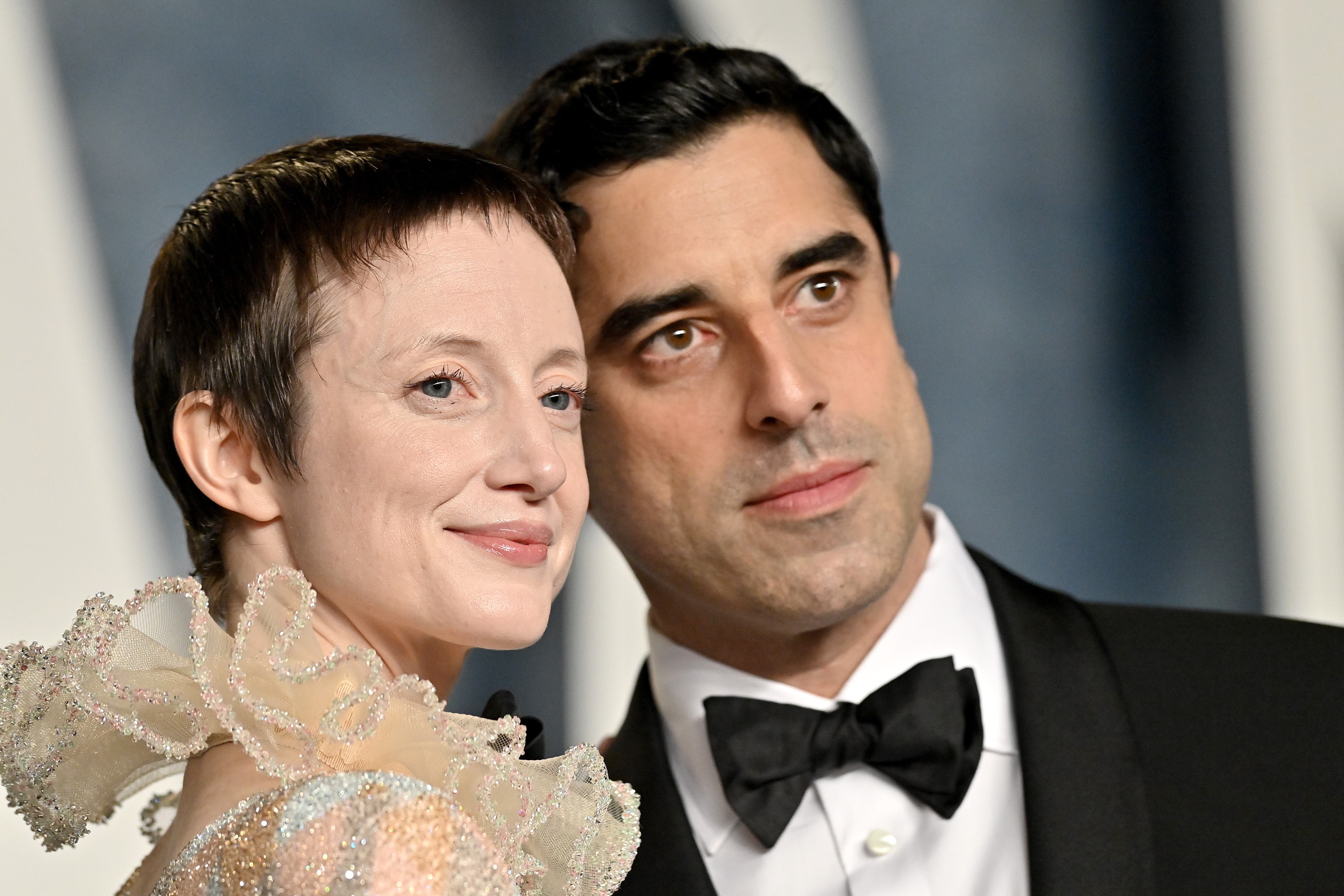 Andrea Riseborough and Karim Saleh are photographed at the 2023 Vanity Fair Oscar Party hosted by Radhika Jones at Wallis Annenberg Center for the Performing Arts on March 12, 2023, in Beverly Hills, California | Source: Getty Images