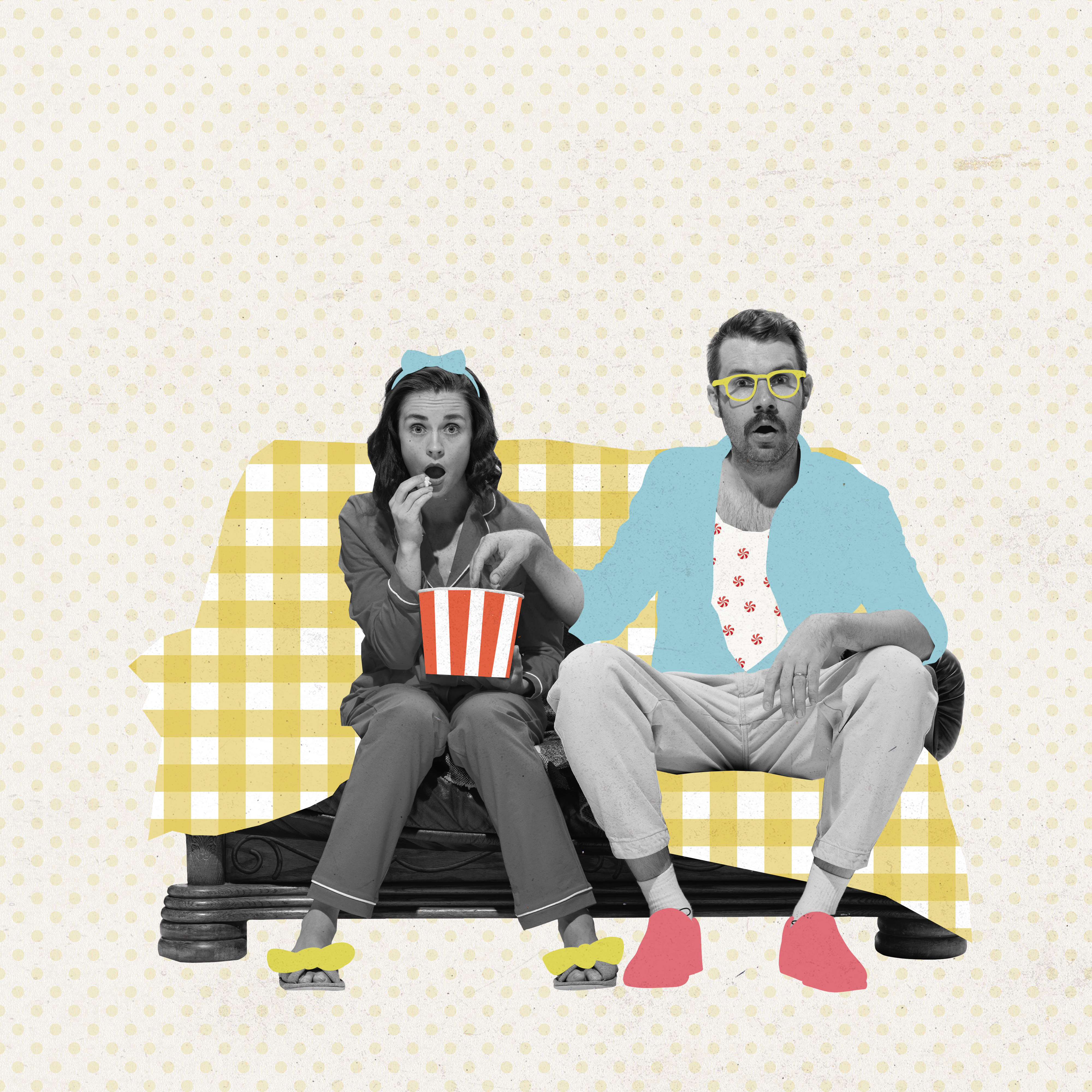 A contemporary art collage of a young couple sitting on a sofa and watching a movie with excitement. | Source: Getty Images