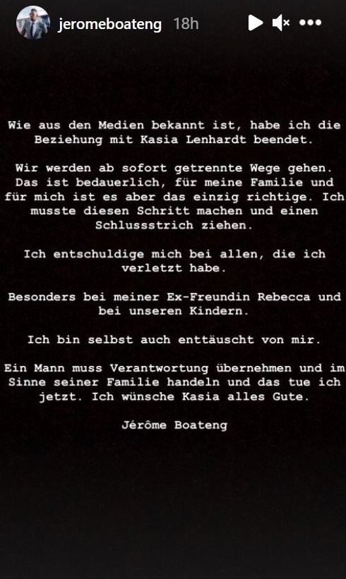Screenshot der Trennungsankündigung von Fußballspieler Jerome Boateng | Quelle: Instagram/jeromeboateng