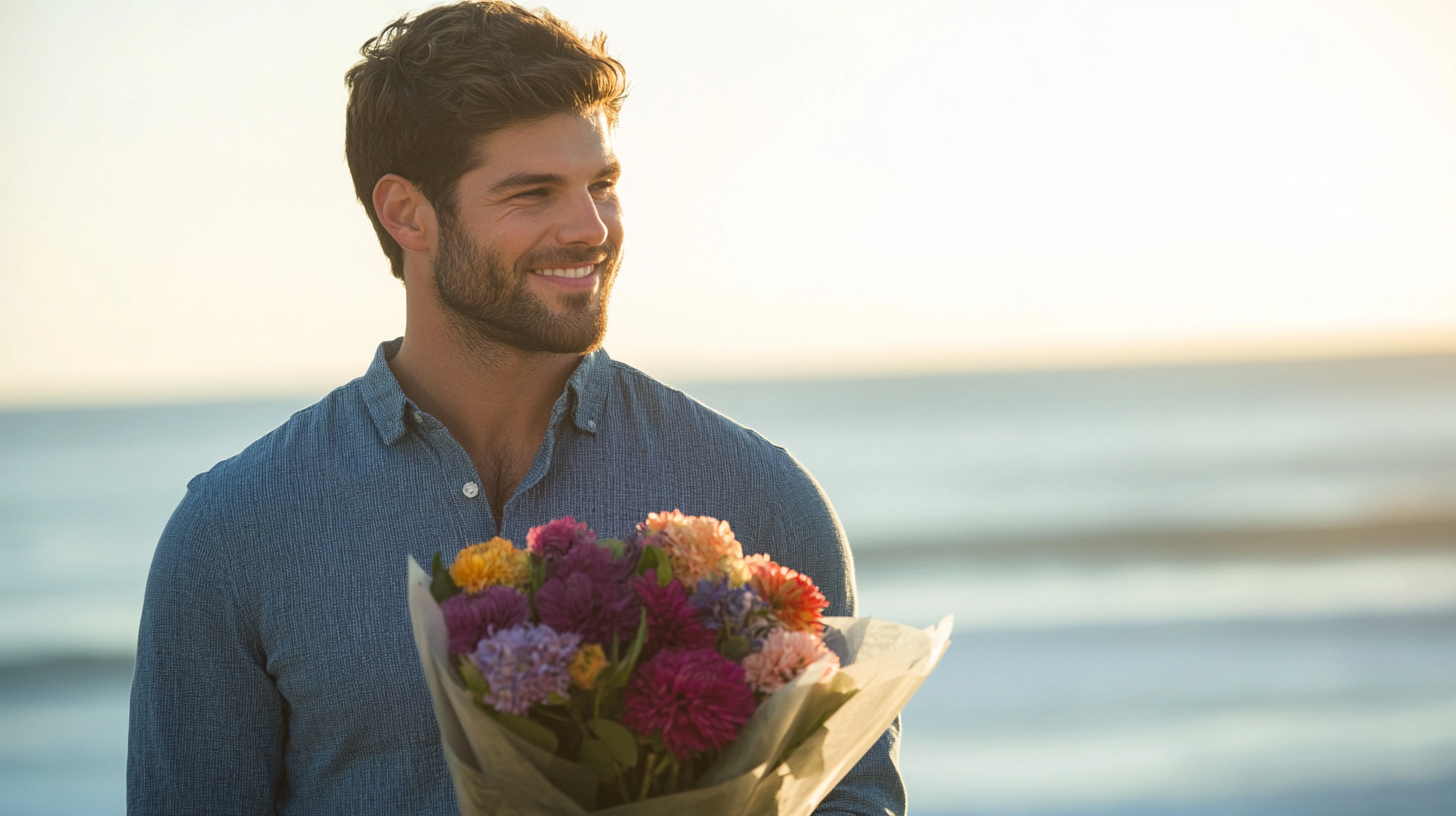 Man holding flowers at the sea coast | Source: Midjourney