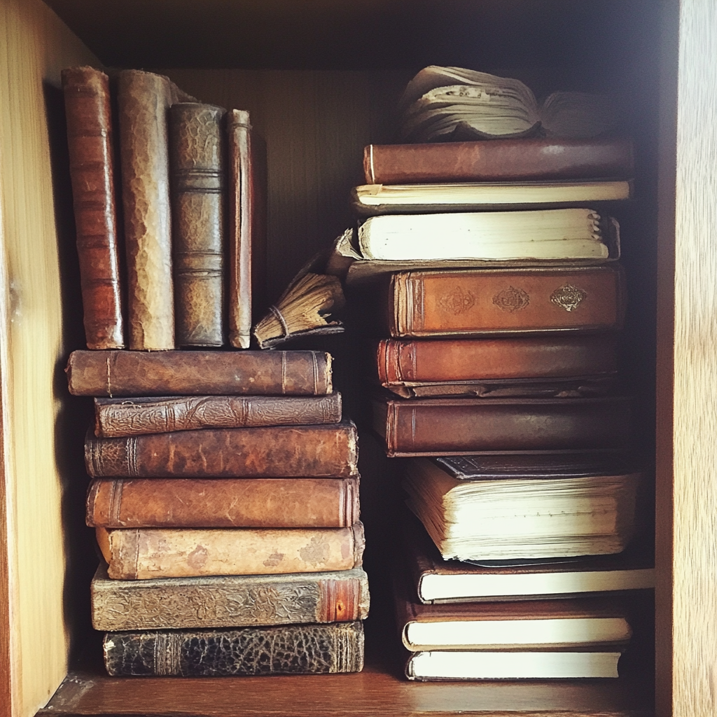 Old journals stacked in a cupboard | Source: Midjourney