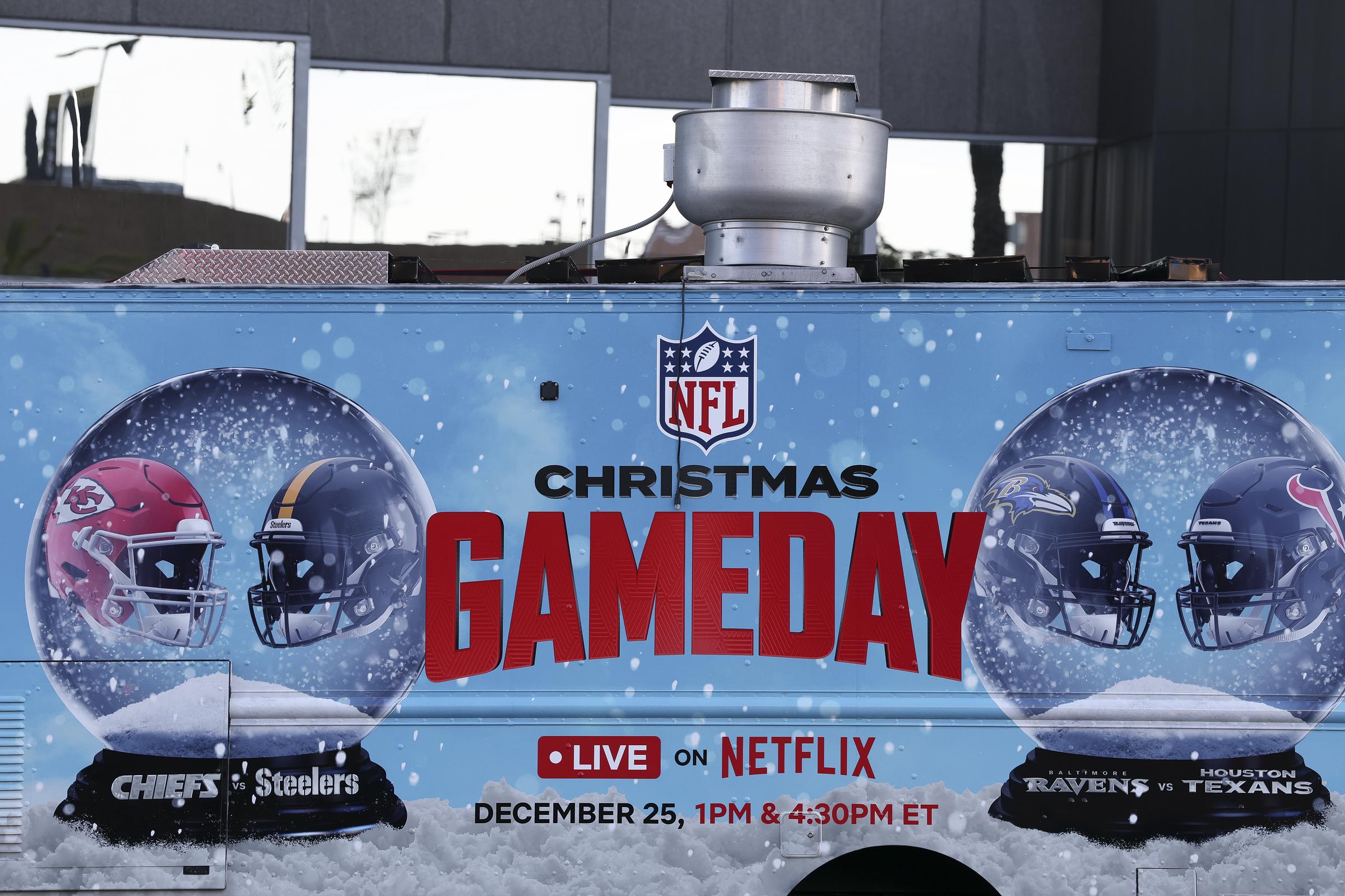 NFL Christmas Gameday signage advertising the NFL's two Christmas Day marquee games streaming live on Netflix in New Orleans, Louisiana, on December 1, 2024 | Source: Getty Images