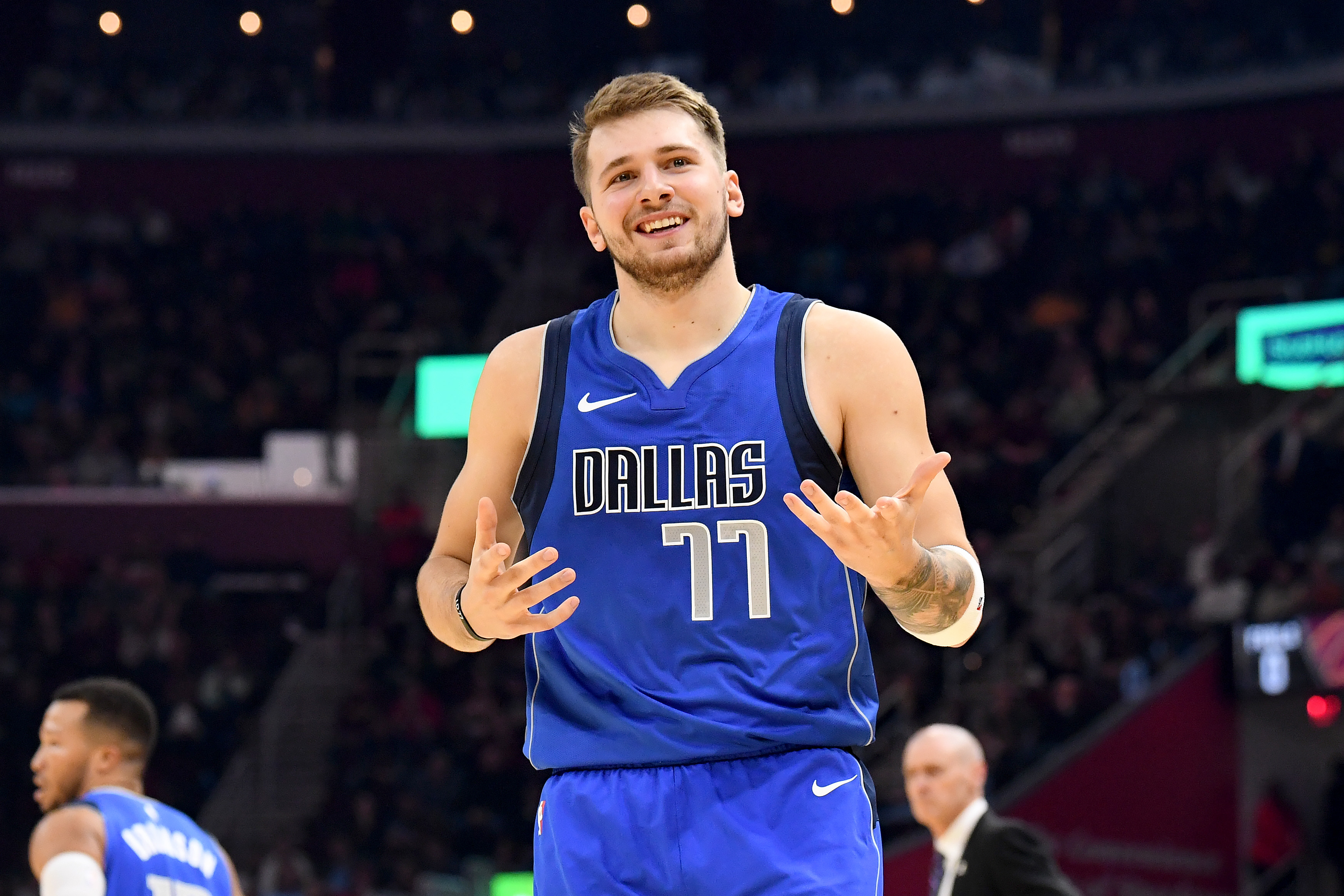 Luka Doncic reacts after hitting a three during the first half against the Cleveland Cavaliers at Rocket Mortgage Fieldhouse on November 3, 2019, in Cleveland, Ohio. | Source: Getty Images