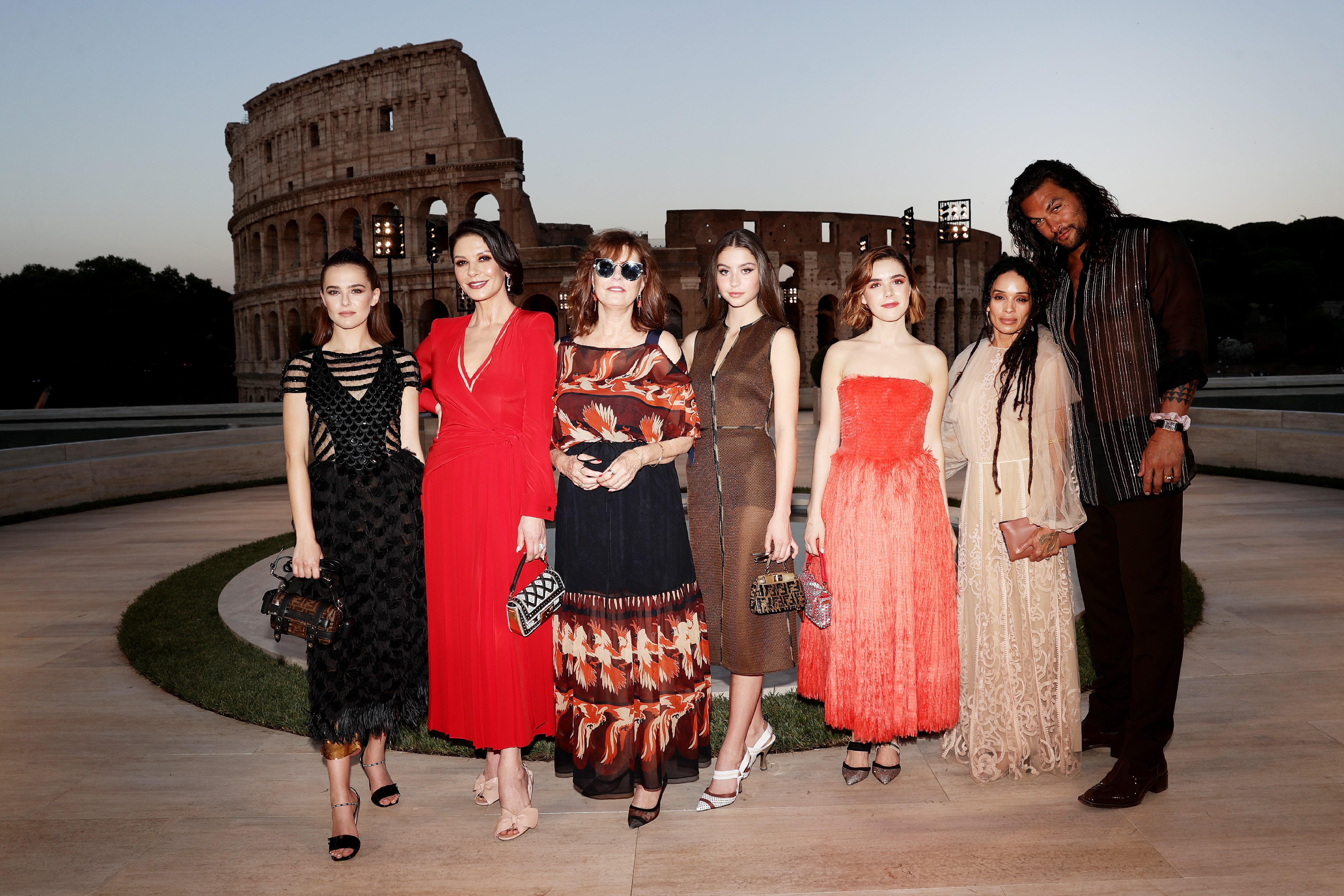 Catherine Zeta-Jones with her daughter Carys, Zoey Deutch, Susan Sarandon, Kiernan Shipka, Lisa Bonet and Jason Momoa at the Cocktail at Fendi Couture Fall Winter 2019/2020 in Rome, Italy | Photo: Getty Images