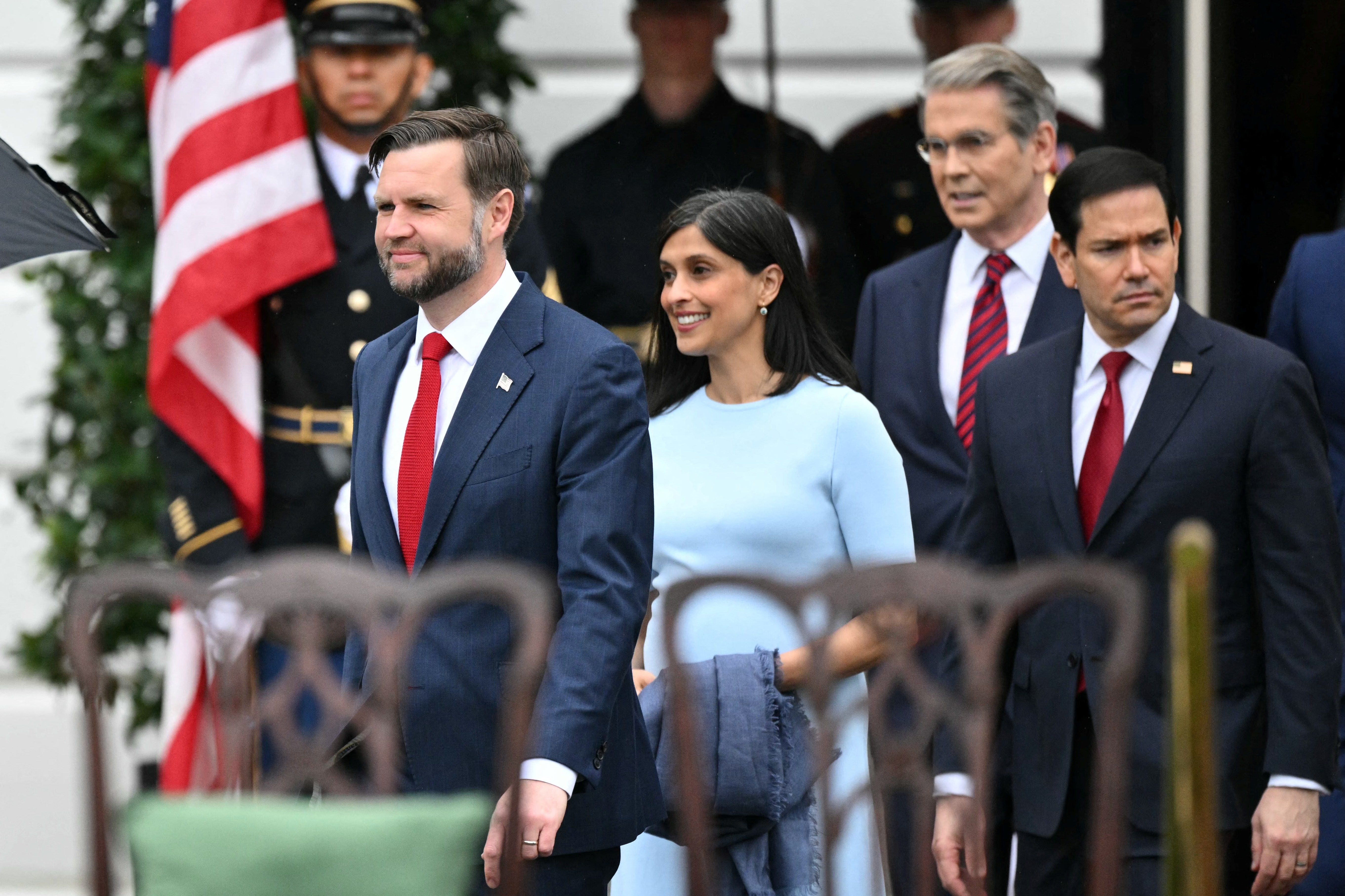 Usha Vance and her husband JD Vance during an arrival ceremony of the British Monarchs on the White House South Lawn, April 28, 2026. | Source: Getty Images