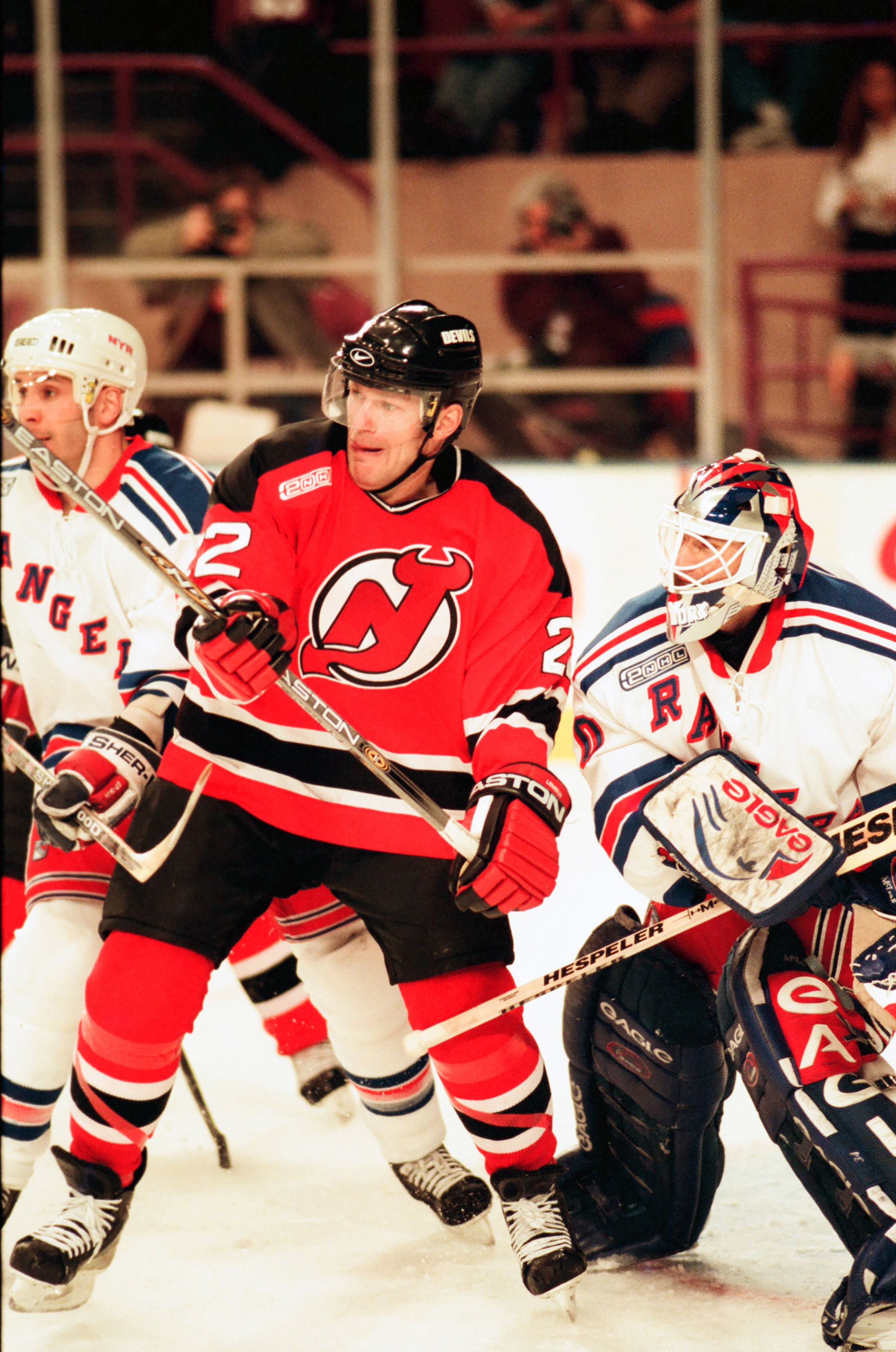 Claude Lemieux #22 of the New Jersey Devils fights for position in the game between the New Jersey Devils vs the New York Rangers at Madison Square Garden on February 8, 2000, in New York City | Source: Getty Images