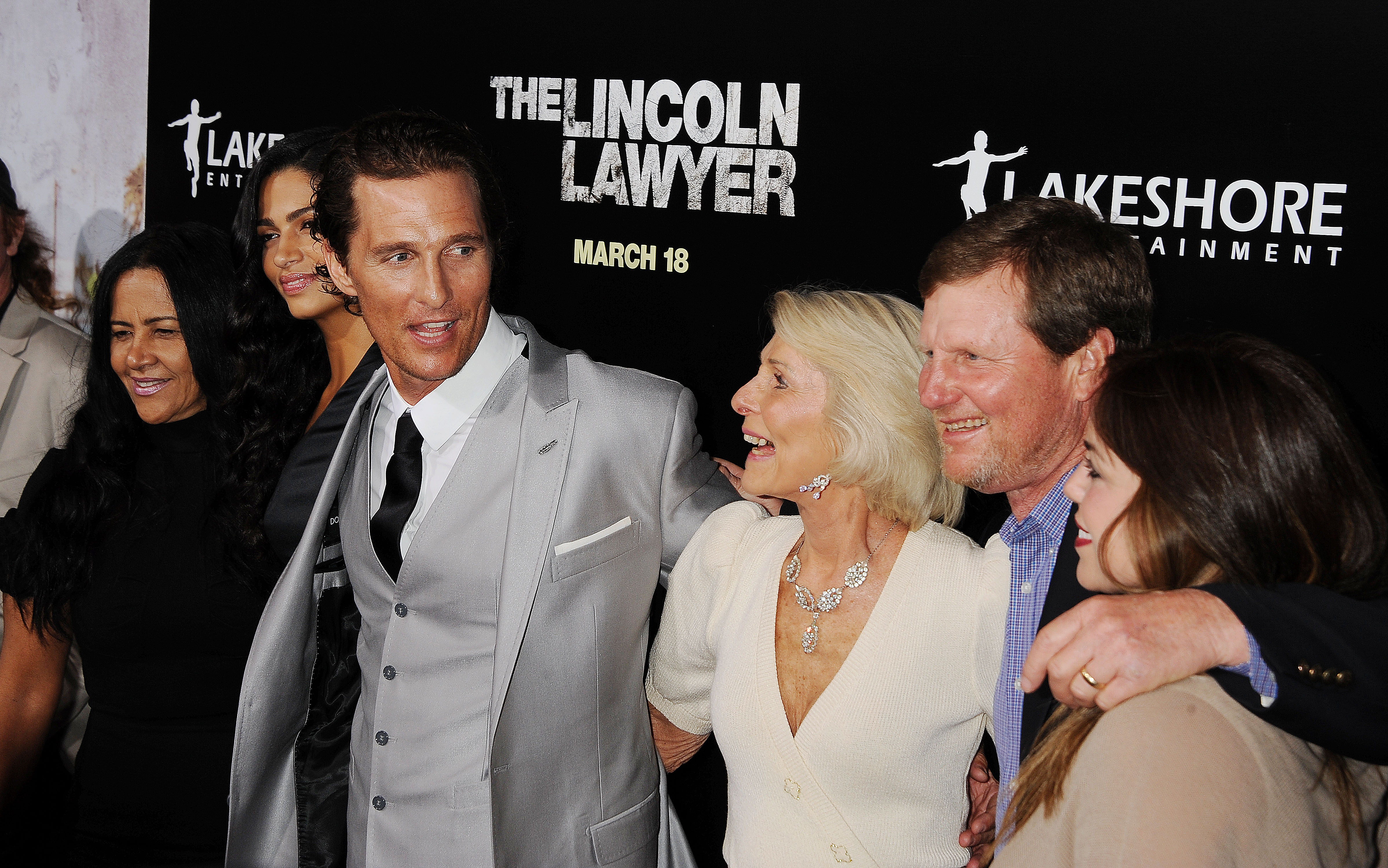 Camila Alves, Matthew McConaughey, Kay McConaughey, Mike McConaughey and arrive at the "The Lincoln Lawyer" Los Angeles screening at ArcLight Cinemas, on March 10, 2011, in Hollywood, California. | Source: Getty Images