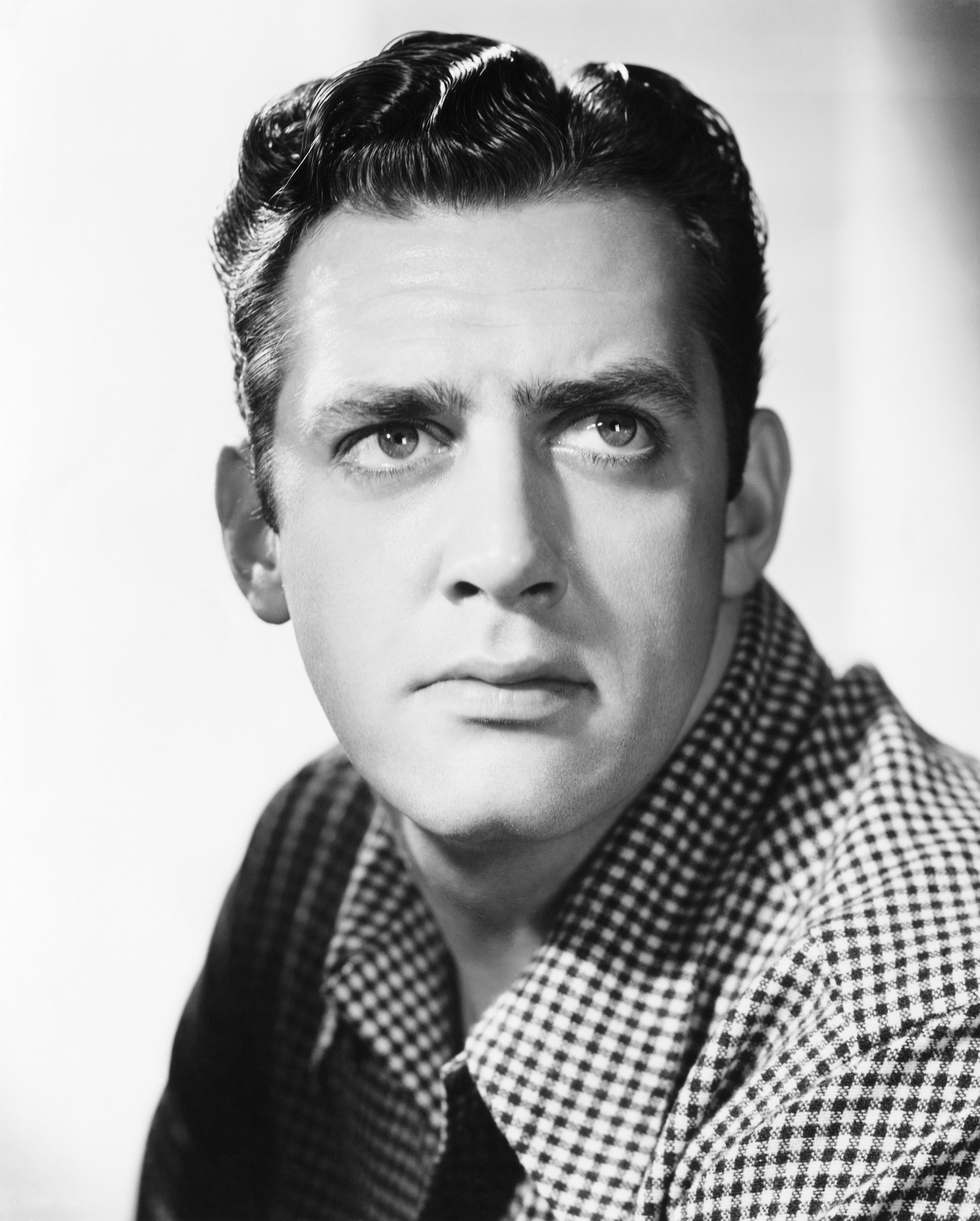 A headshot of television icon Raymond Burr wearing a checkered shirt. / Source: Getty Images
