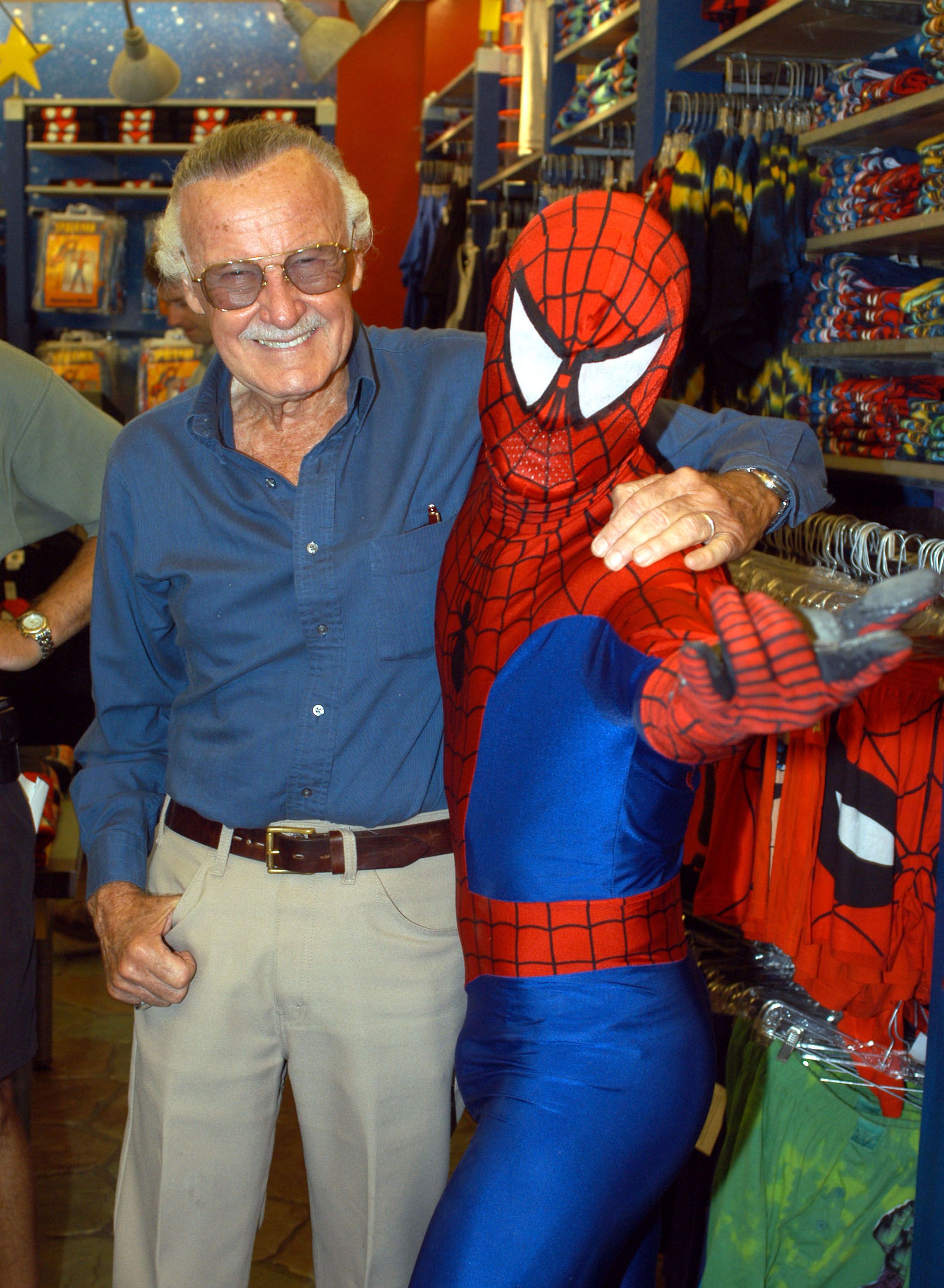 Stan Lee with Spider-Man during the Spider-Man 40th Birthday celebration at Universal Studios on August 13, 2002 in Universal City, California. | Source: Getty Images