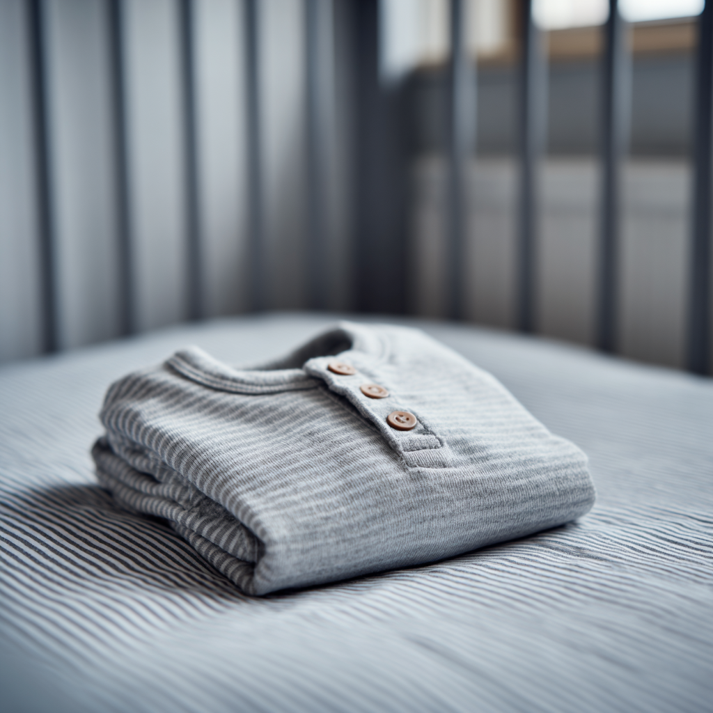 A baby boy’s onesie folded neatly and lying in a crib | Source: Midjourney