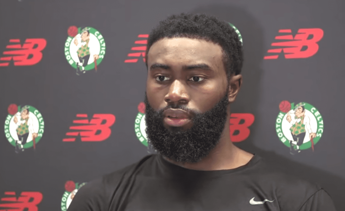 Jaylen Brown talking to the press about his fellow NBA players coming together to advocate for social justice in August 2020. I Image: YouTube/ ESPN.