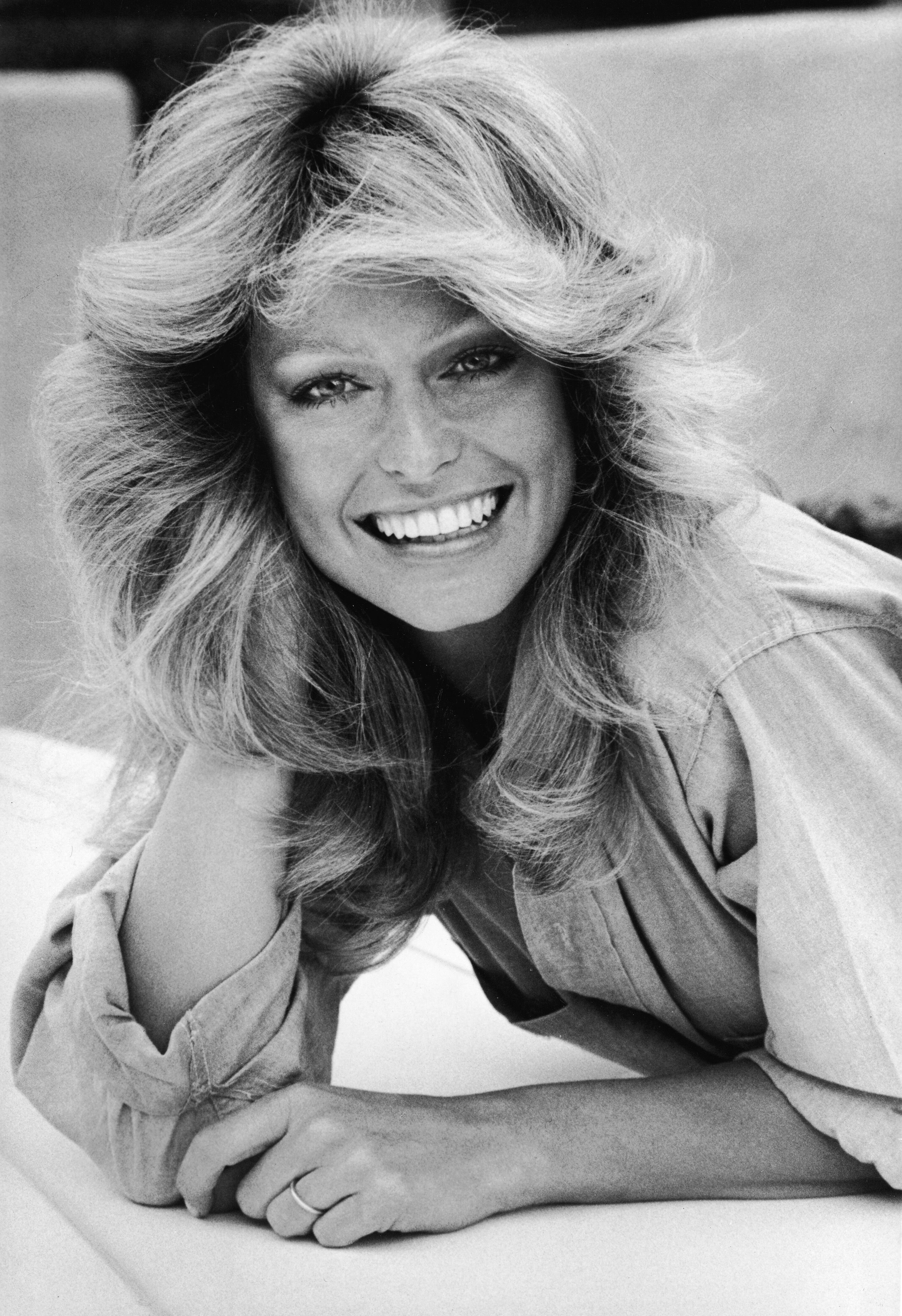 Portrait of American actress Farrah Fawcett in a denim shirt, 1980s. | Source: Getty Images