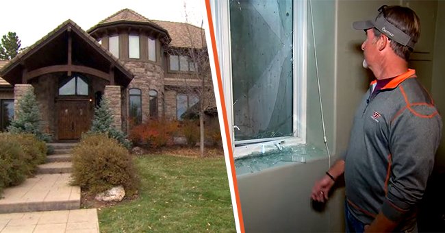 Mike Cox' Haus [links]; Mike Cox betrachtet das zerbrochene Fenster in seinem Haus [rechts]. | Quelle: Youtube.com/Inside Edition - Twitter.com/InsideEdition