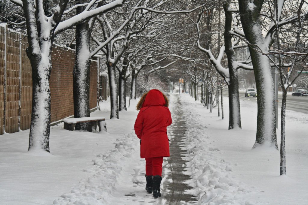 Woman walks through a street tree path after a snowstorm dropped 15-20 centimeters of snow in Toronto, Ontario, Canada, on December 25, 2020 | Photo: Getty Images