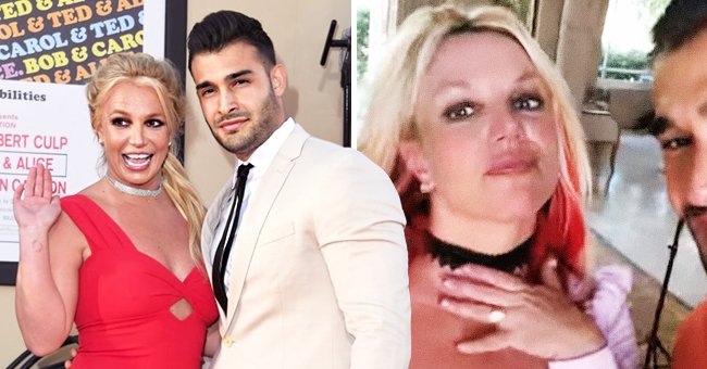 Britney Spears and Sam Asghari at the premiere of "Once Upon A Time...In Hollywood" at the Chinese Theatre on July 22, 2019, in Hollywood, California, and their engagement video announcement on September 12, 2021 | Photos: Kevin Winter/Getty Images and instagram/britneyspears