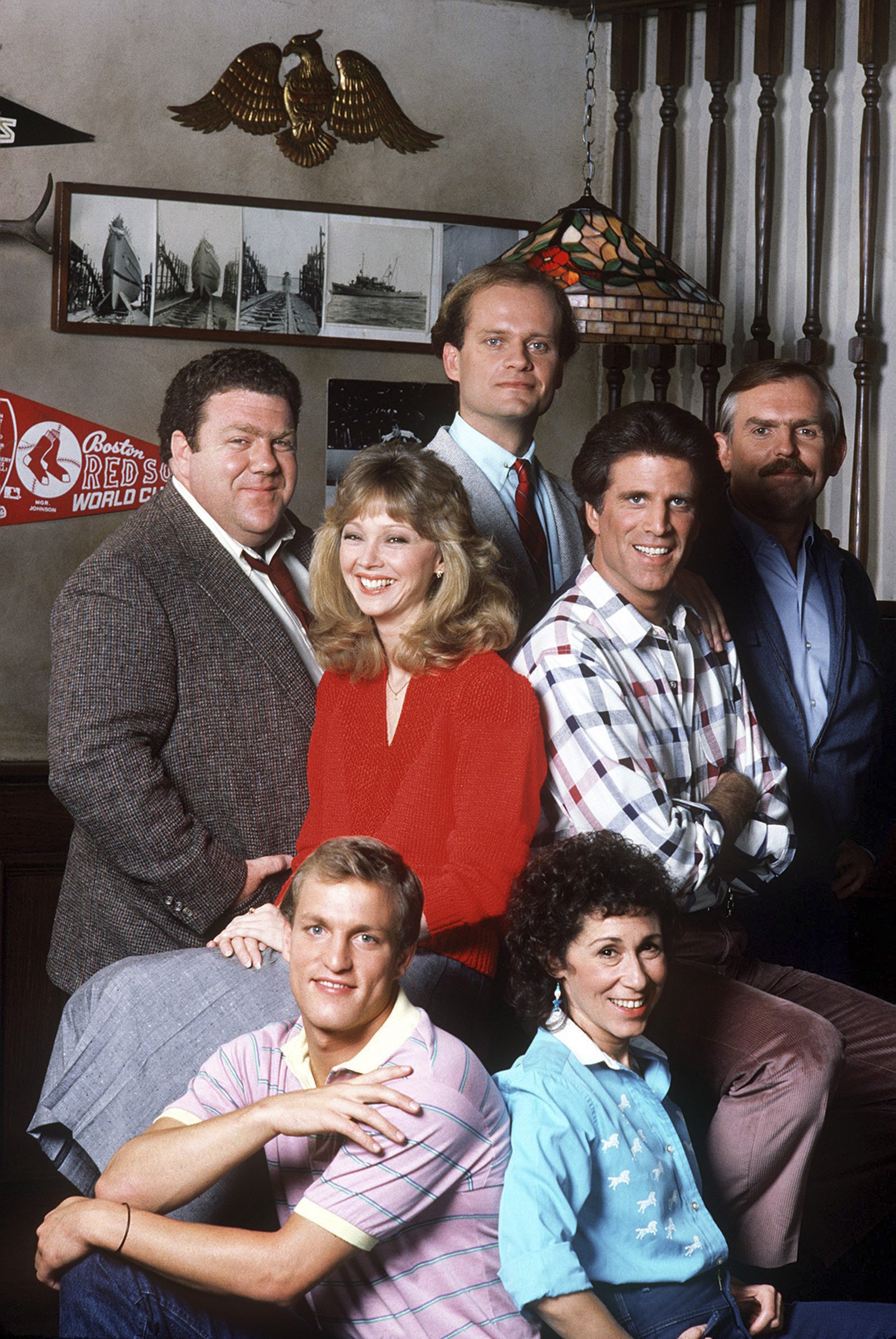 Pictured: (top) Kelsey Grammer as Dr. Frasier Crane, (middle) George Wendt as Norm Peterson, Shelley Long as Diane Chambers, Ted Danson as Sam Malone, John Ratzenberger as Cliff Clavin, (bottom) Woody Harrelson as Woody Boyd, and Rhea Perlman as Carla Lozupone Tortelli LeBec | Source: Getty Images