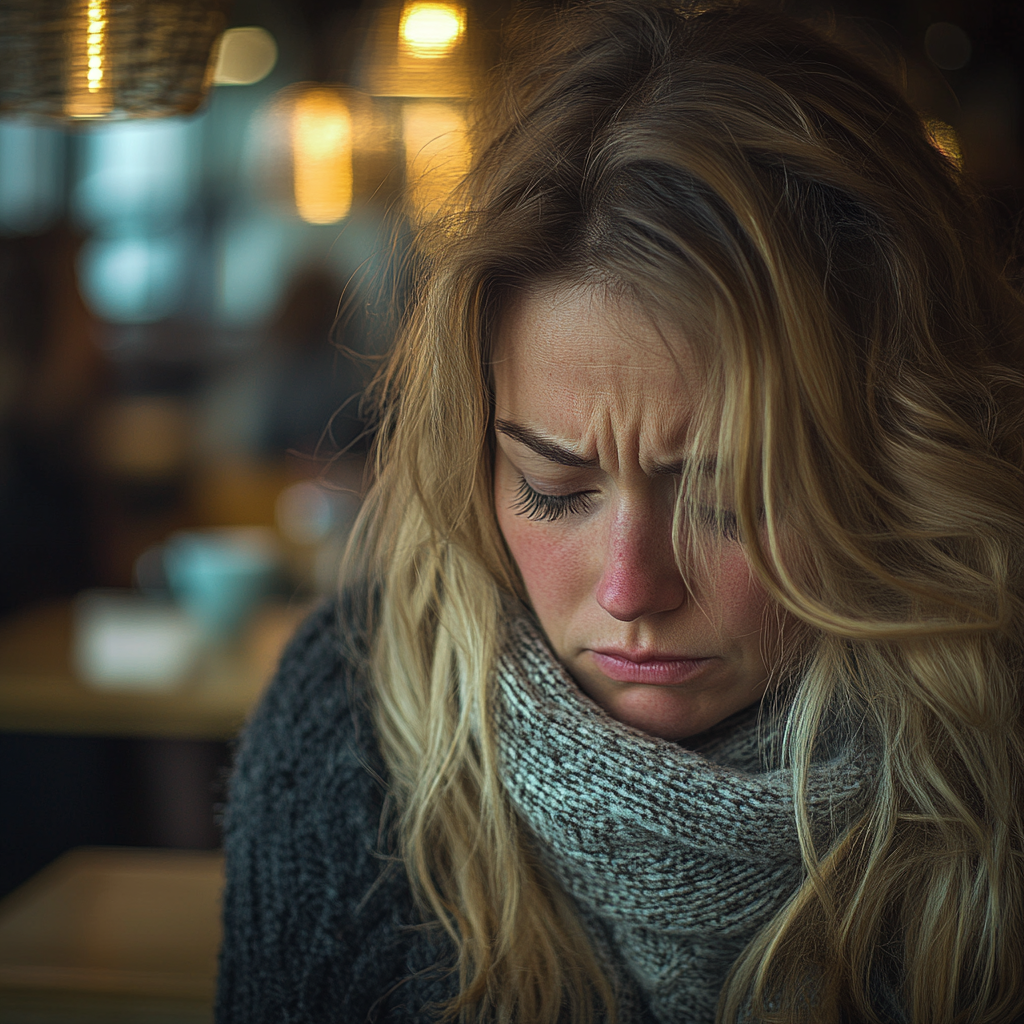 An extremely sad woman sitting in a café | Source: Midjourney