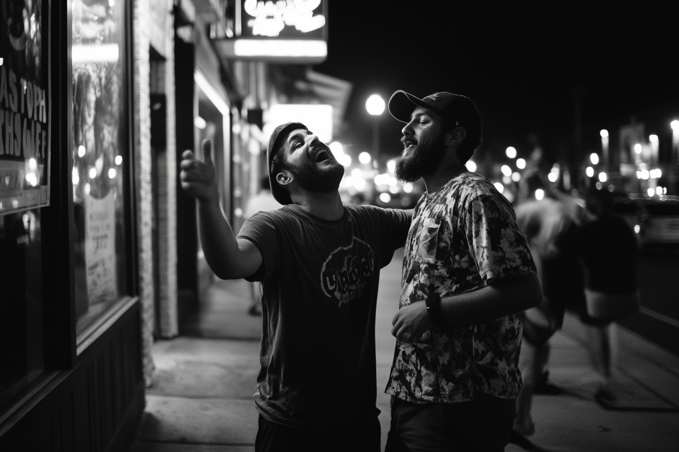 Two drunk men on a sidewalk | Source: Midjourney