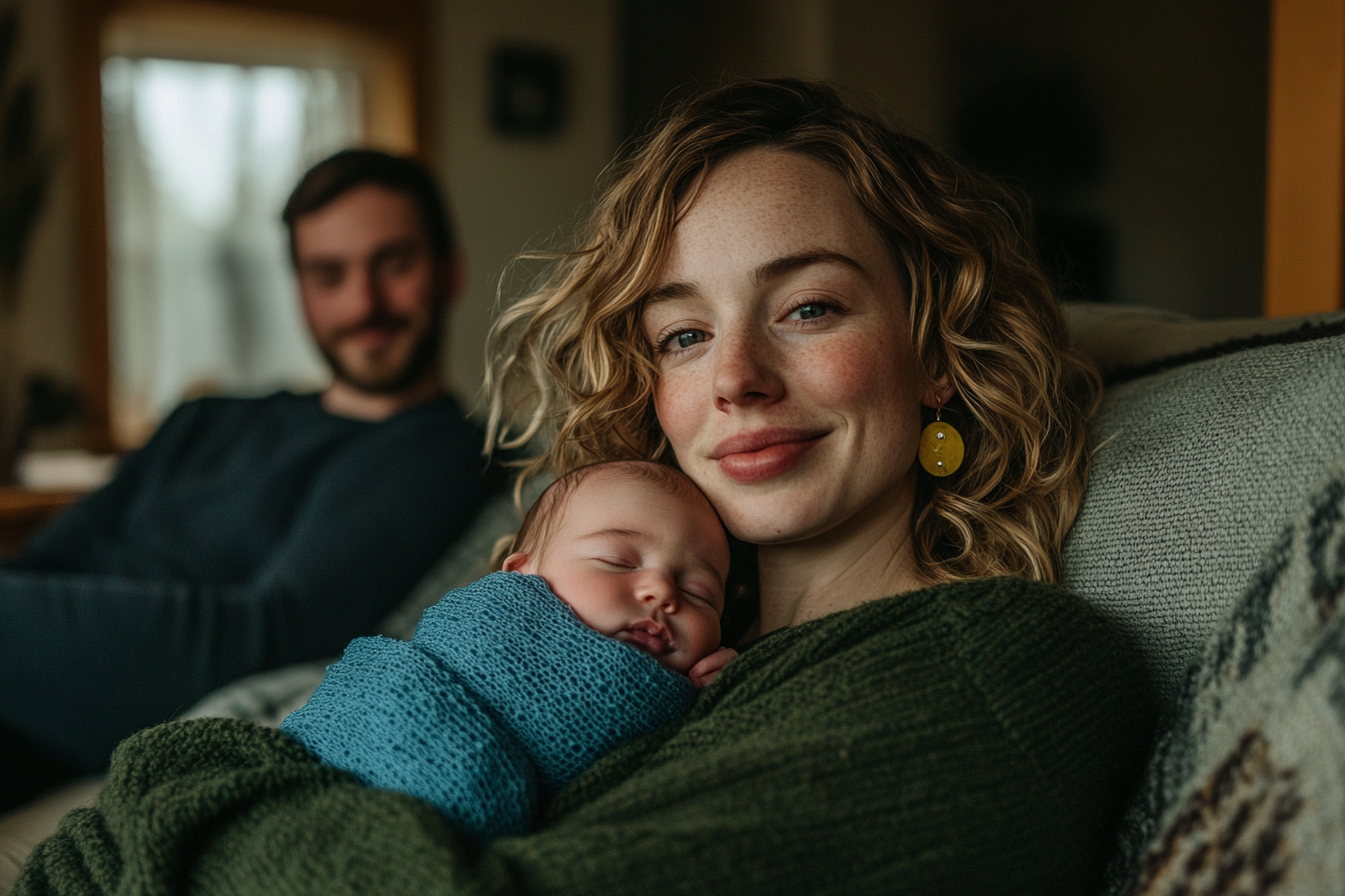Uma mulher na casa dos 30 anos segura um recém-nascido enrolado em uma manta, sentada em um sofá com o marido sorrindo ao fundo | Fonte: Midjourney