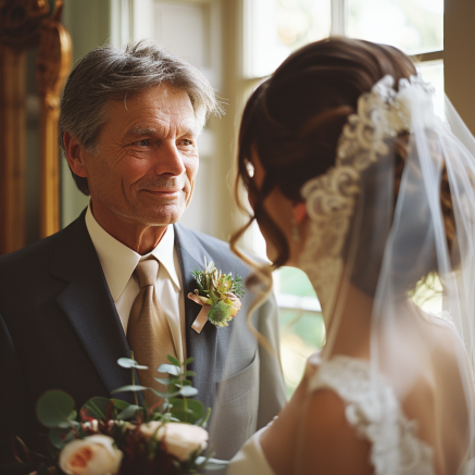 A proud father looking at his daughter dressed in her wedding gown | Source: Midjourney