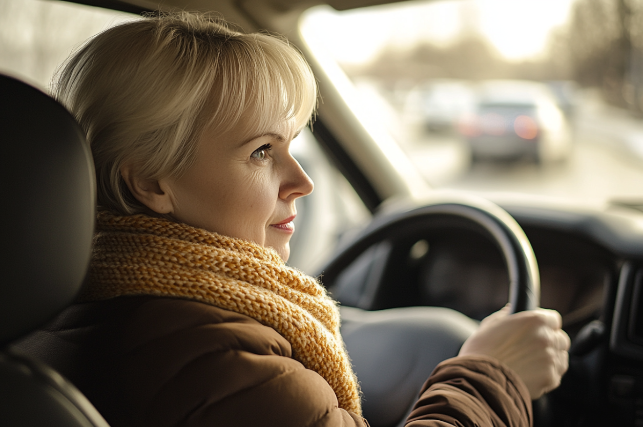 A woman driving a car glancing to the side | Source: Midjourney