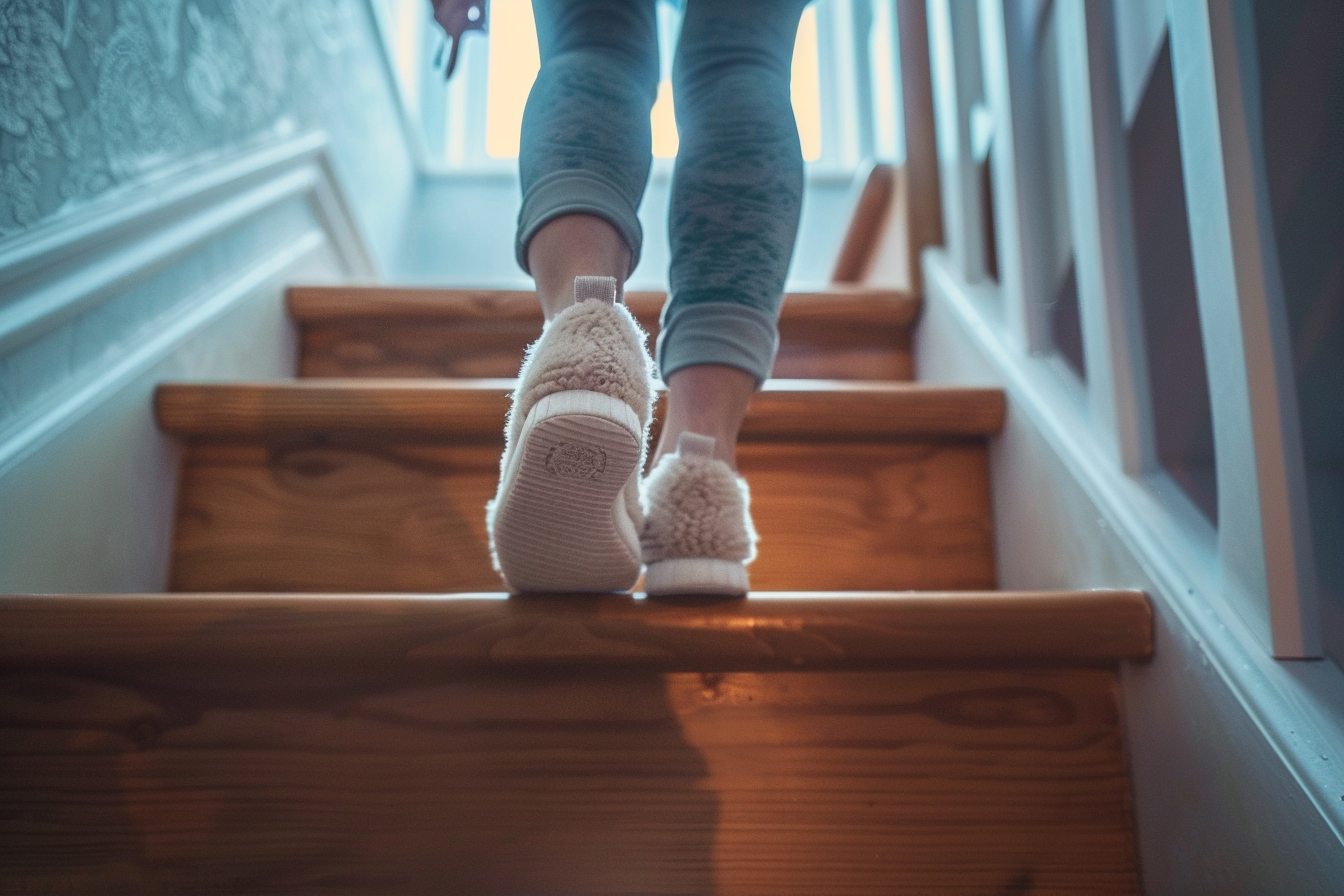 A close-up shot of a woman's feet as she climbs the stairs | Source: Midjourney