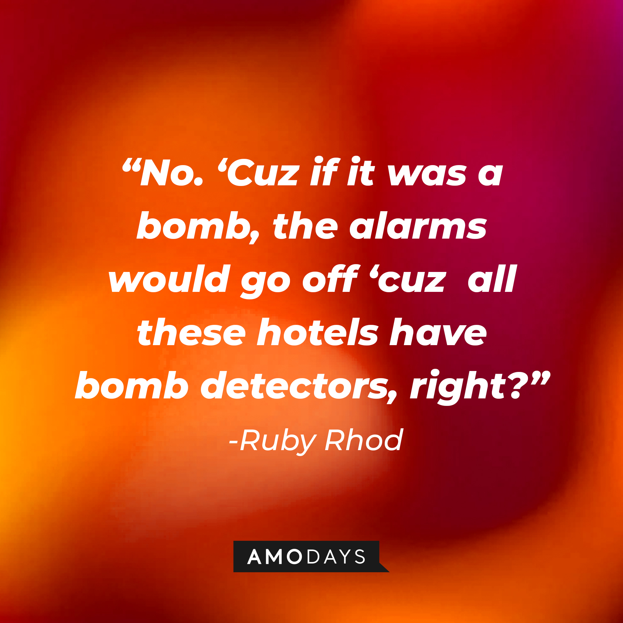 Ruby Rhod's quote: "No, 'Cuz if it was a bomb, the alarms would go off 'cuz all these hotels have bomb detectors, right?" | Source: Amodays