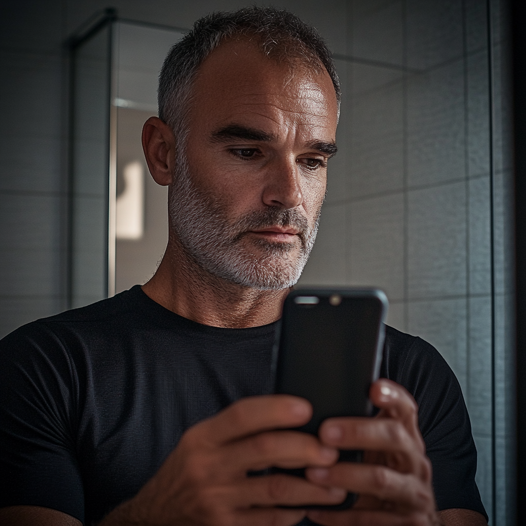 A man using his phone in the bathroom | Source: Midjourney