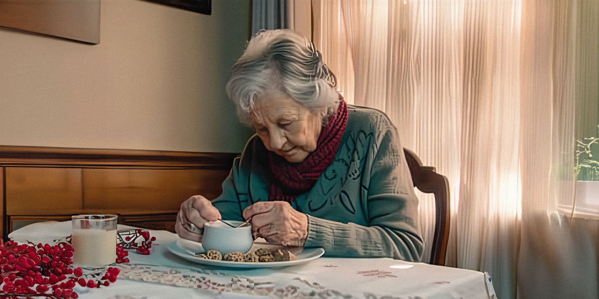 An elderly woman having a beverage and cakes | Source: Amomama