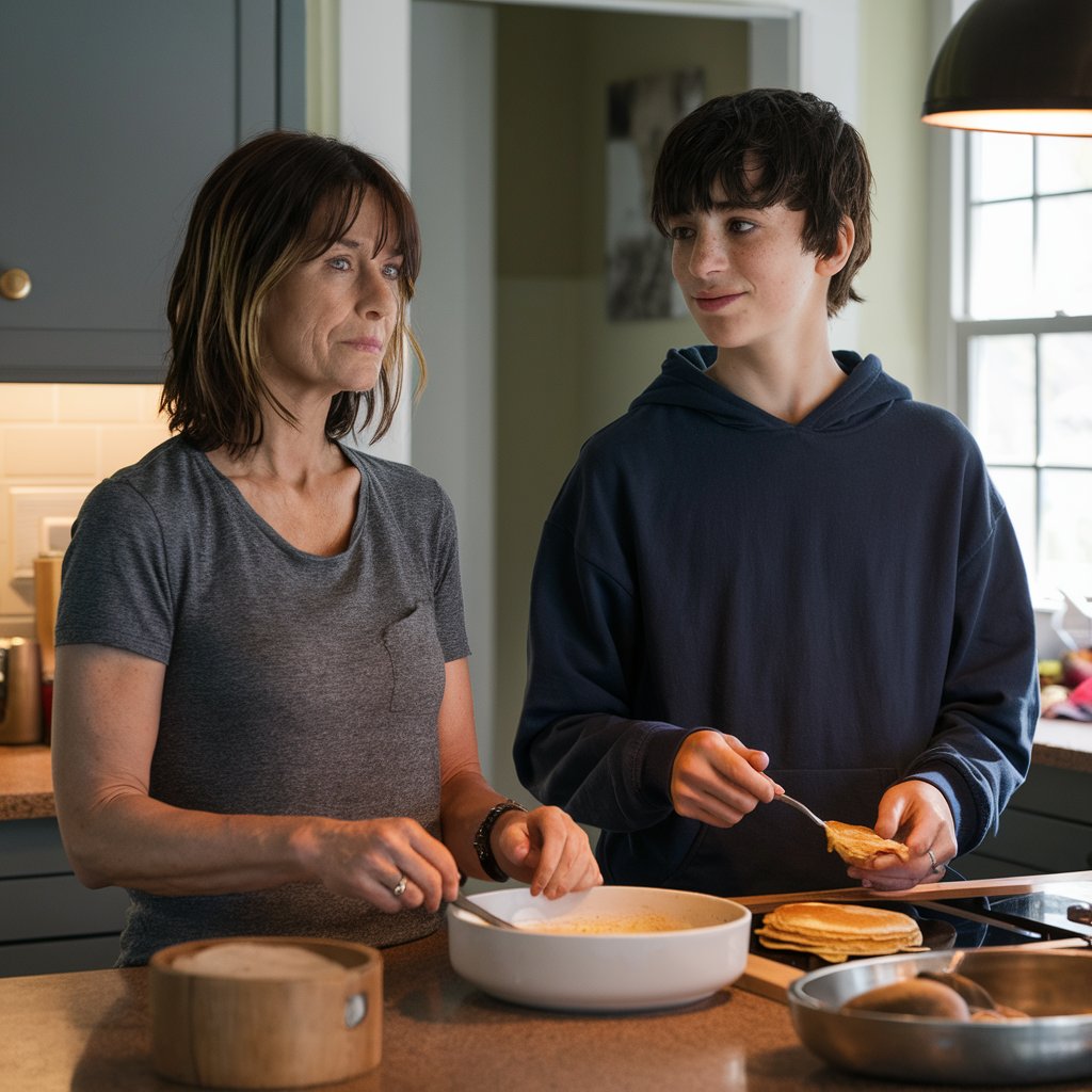 A woman and teenage boy happily making pancakes together | Source: Midjourney