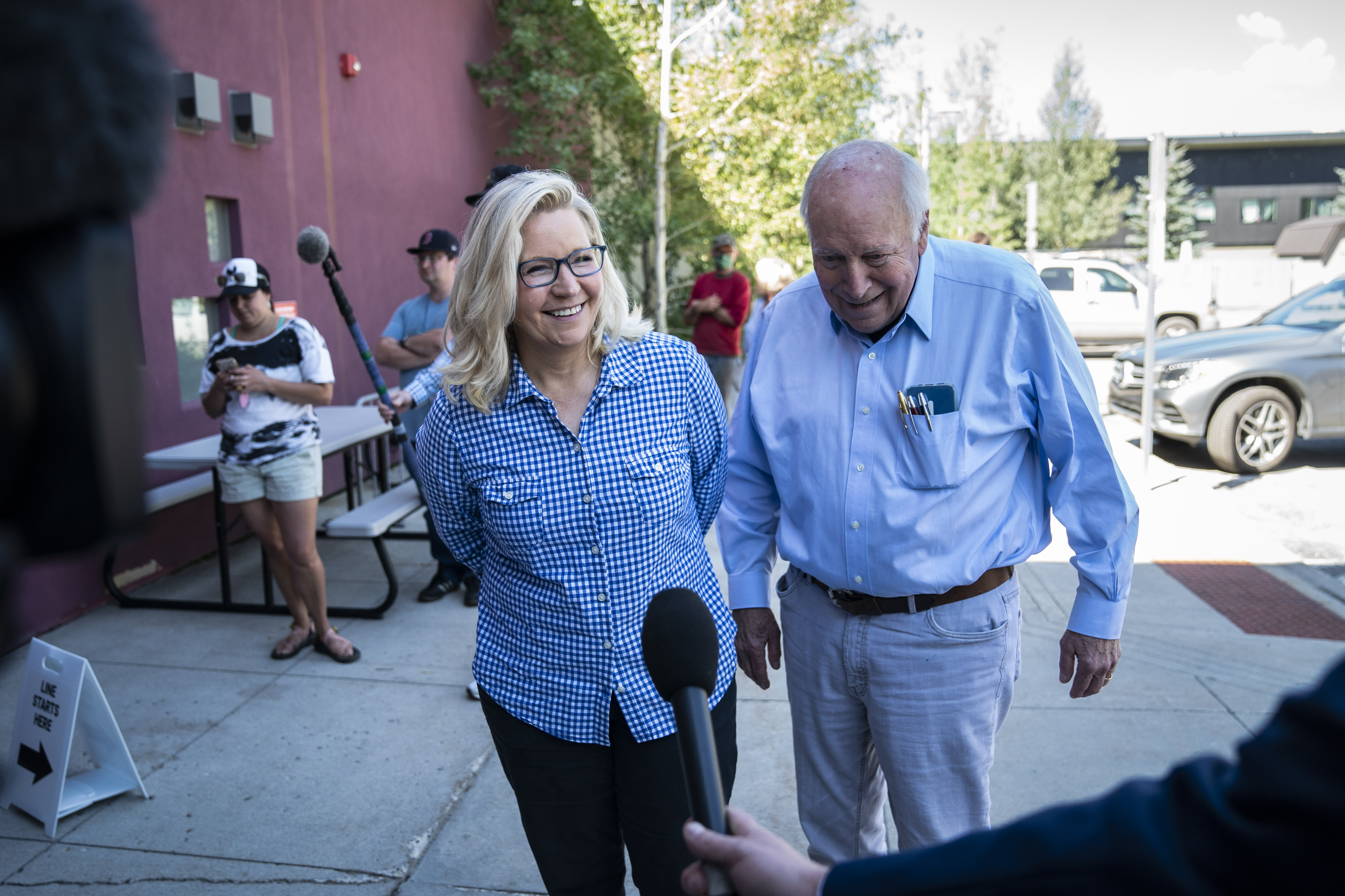 Rep. Liz Cheney with her father, former Vice President Dick Cheney, to vote at the Teton County Library on August 16, 2022, in Jackson Hole, Wyoming | Source: Getty Images