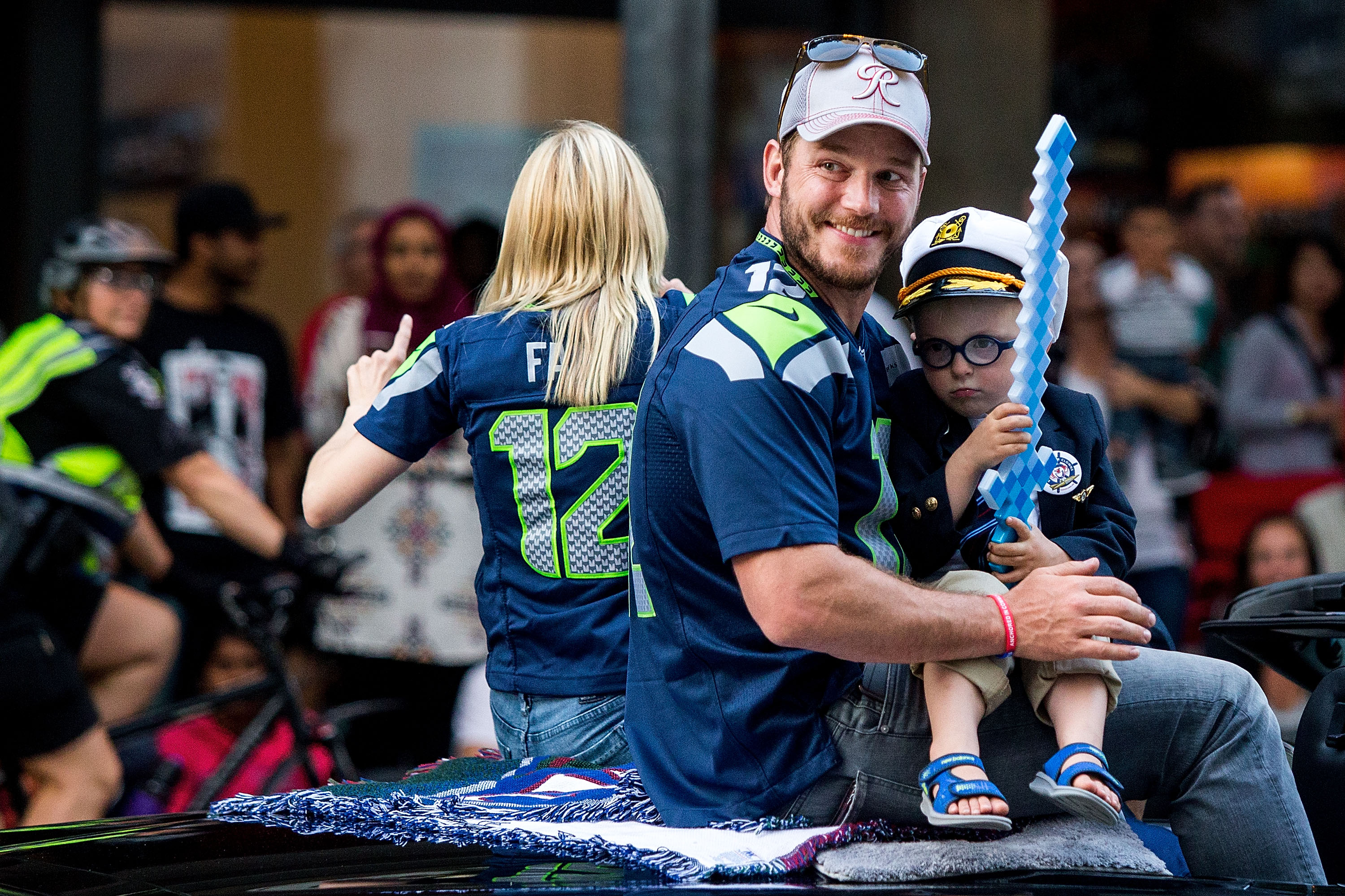 Chris Pratt and son Jack Pratt ride in the Seafair Torchlight Parade Grand Marshal vehicle on July 30, 2016 in Seattle, Washington | Source: Getty Images