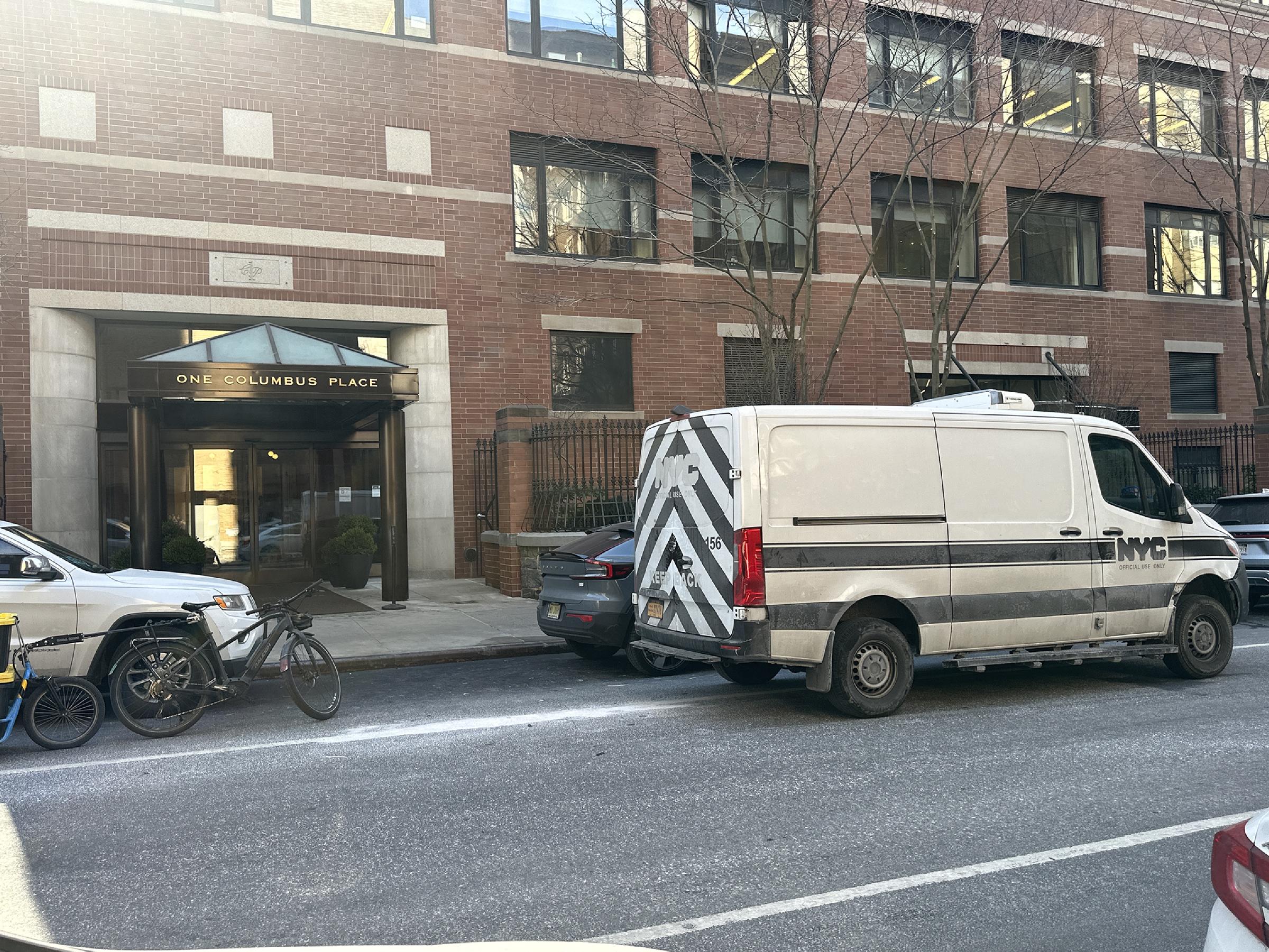 A medical examiner's van parked outside Michelle Trachtenberg's apartment on February 26, 2025, in New York. | Source: Getty Images