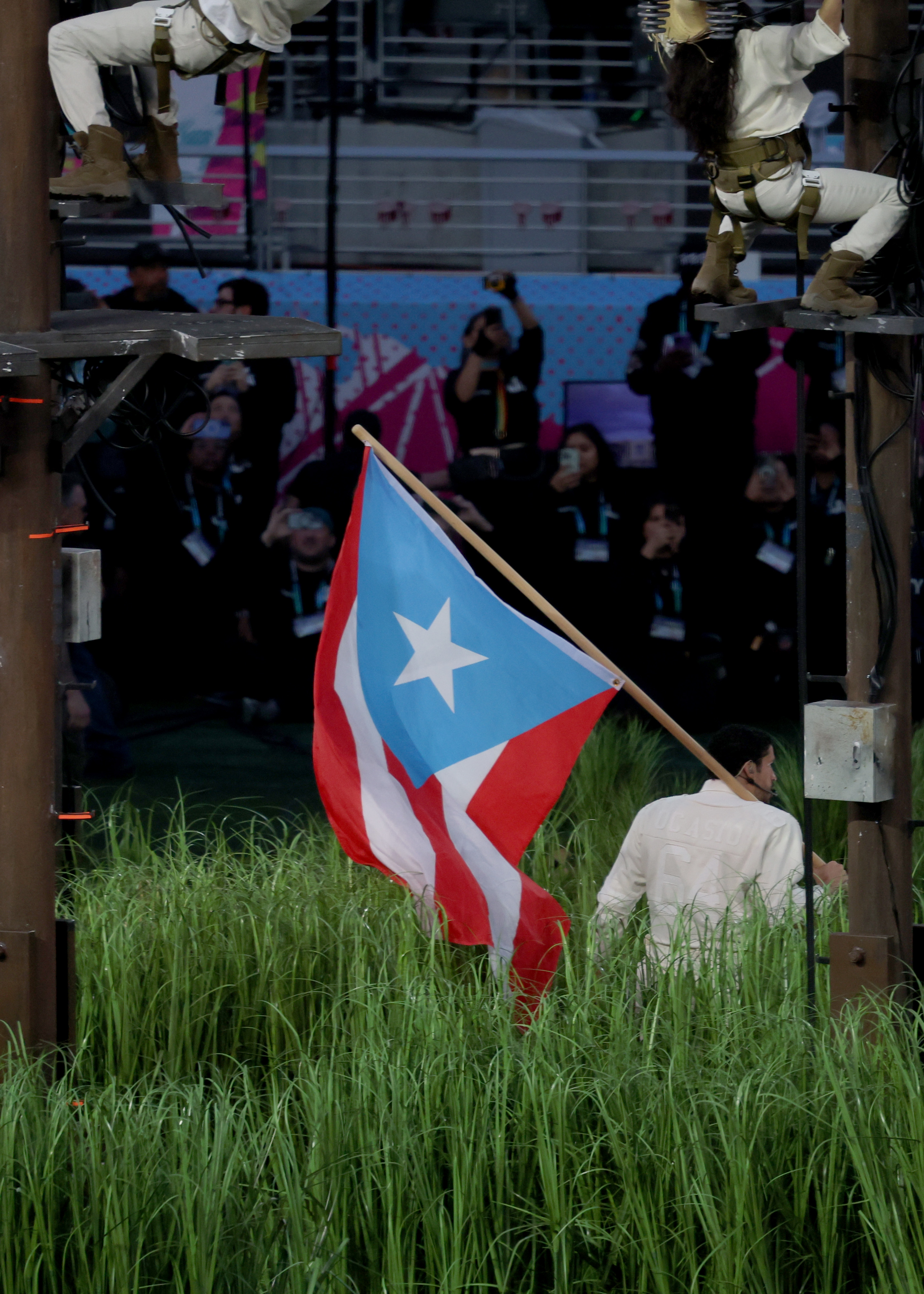 Bad Bunny performs during the Apple Music Super Bowl LX Halftime Show at Levi's Stadium | Source: Getty Images