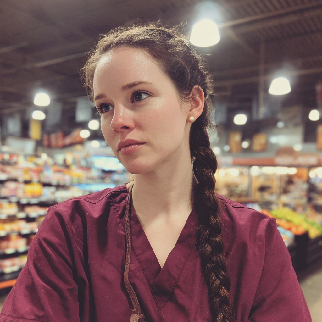 A nurse standing in a grocery store | Source: Midjourney