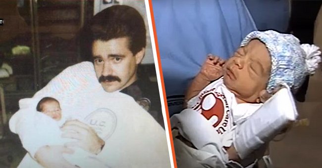 Michael Buelna holding Robin Barton when he was an infant [left]; Robin Barton as an infant [right]. │Source: youtube.com/CBS Los Angeles