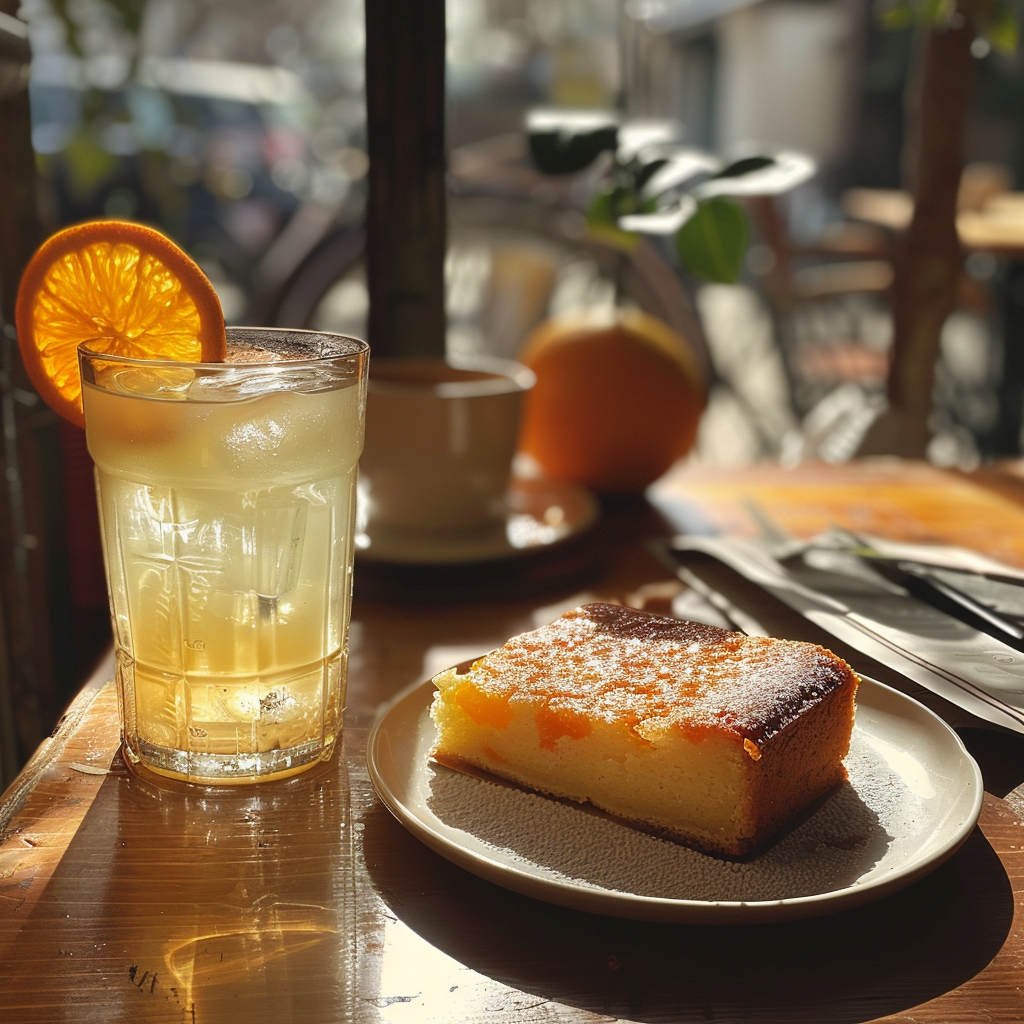 Lemonade and a slice of cake on a table | Source: Midjourney